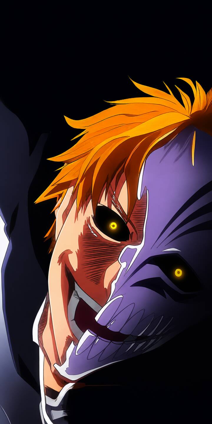 Piercing yellow eyes glow intensely from Ichigo Kurosaki's partially hollowfied face, framed by his vibrant orange hair, creating a terrifying 4K wallpaper. This menacing scene with his jagged purple mask is a powerful wallpaper for iPhone. | dark anime iphone ichigo wallpaper mobile bleach 4k wallpaper hd wallpaper glowing eyes menacing hollow mask Piercing yellow eyes glow intensely from Ichigo Kurosaki's partially hollowfied face, framed by his vibrant orange hair, creating a terrifying 4K wallpaper. This menacing scene with his jagged purple mask is a powerful wallpaper for iPhone.
