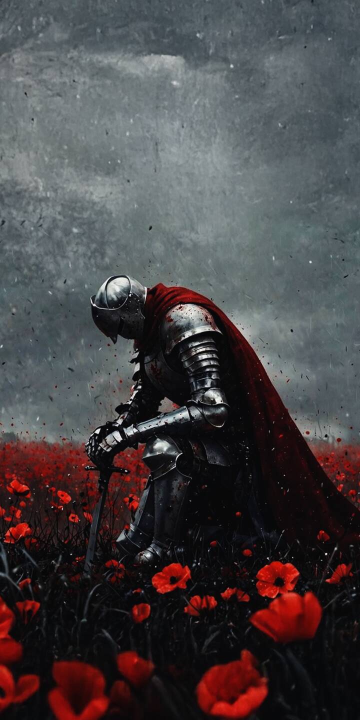 A somber knight, clad in gleaming armor and a blood-red cape, kneels amidst a vibrant field of scarlet poppies, holding his sword in this deeply evocative 4K wallpaper. This powerful and atmospheric wallpaper for iPhone is perfect for fans of medieval fantasy. | armor knight medieval iphone fantasy wallpaper mobile 4k wallpaper hd wallpaper dark aesthetic somber poppy field A somber knight, clad in gleaming armor and a blood-red cape, kneels amidst a vibrant field of scarlet poppies, holding his sword in this deeply evocative 4K wallpaper. This powerful and atmospheric wallpaper for iPhone is perfect for fans of medieval fantasy.