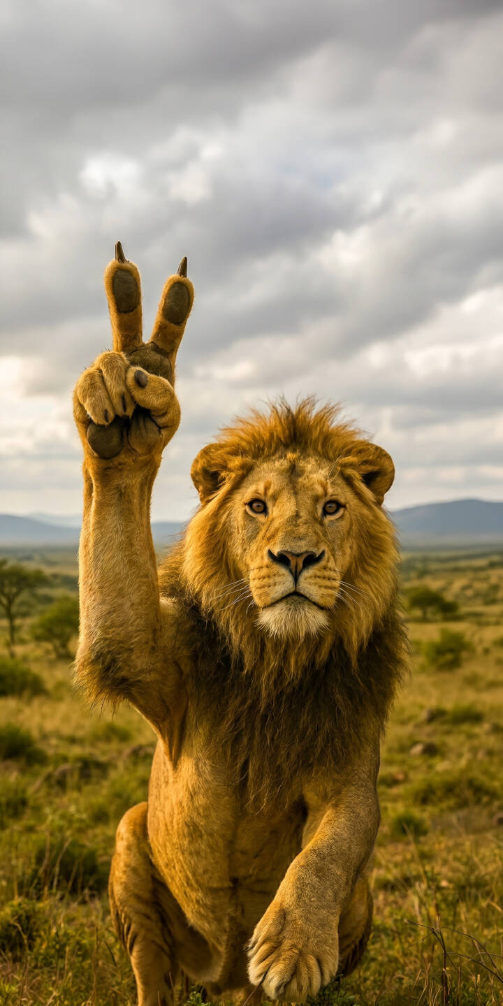 A majestic lion, with a golden mane, humorously raises its paw in a peace sign against a sweeping African savanna in this captivating 4K wallpaper. This stunning animal wallpaper for iPhone perfectly blends regal charm with an unexpected, playful gesture. | funny iphone nature wallpaper lion peace sign mobile 4k wallpaper hd wallpaper wildlife safari A majestic lion, with a golden mane, humorously raises its paw in a peace sign against a sweeping African savanna in this captivating 4K wallpaper. This stunning animal wallpaper for iPhone perfectly blends regal charm with an unexpected, playful gesture.
