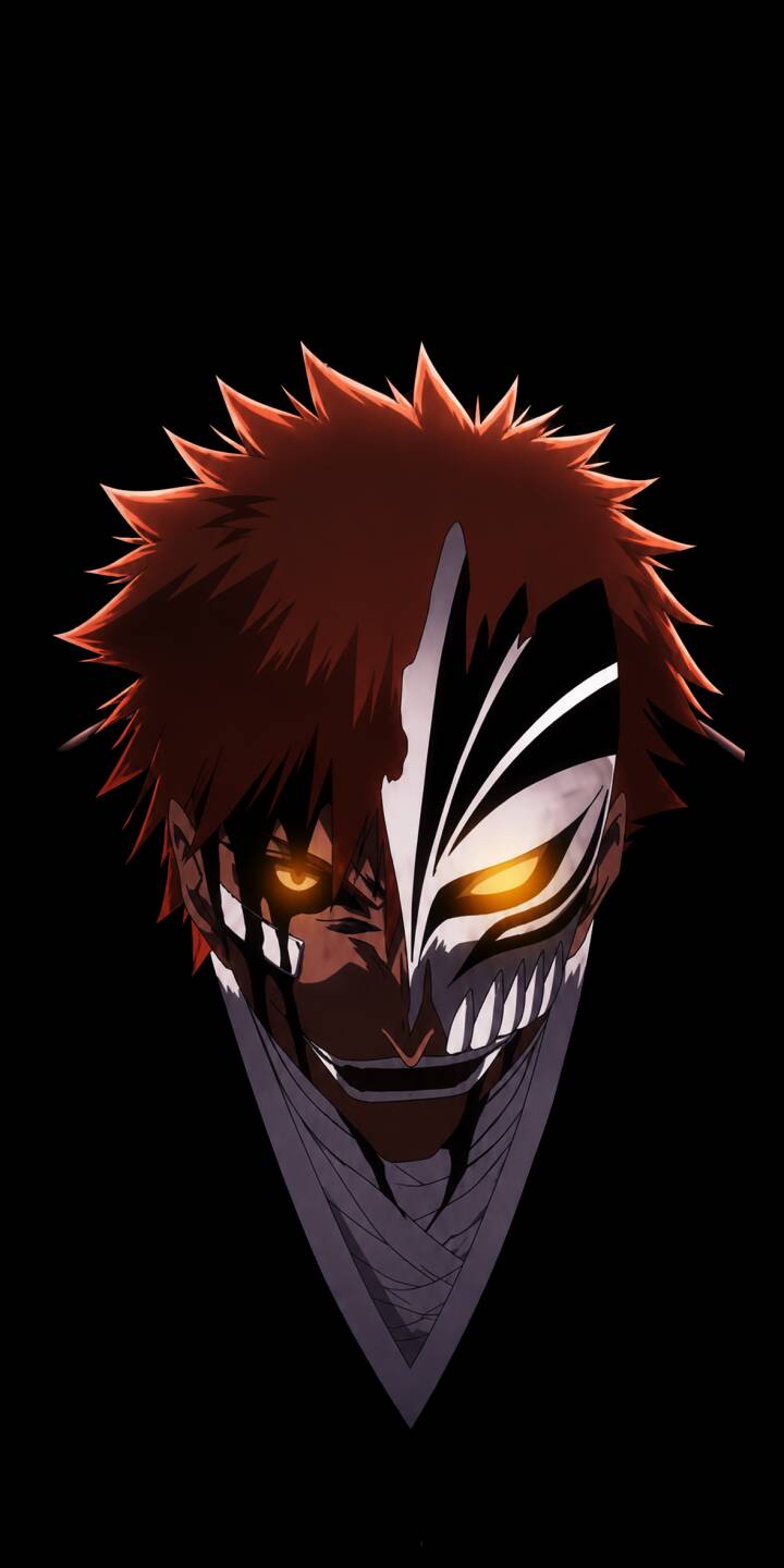 Intense glowing yellow eyes pierce through Ichigo's half-Hollow mask, framed by his spiky reddish-orange hair on a stark black background in this stunning 4K wallpaper. This dynamic Bleach wallpaper is perfect for any iPhone, bringing powerful anime aesthetics to your device. | dark mask anime glow iphone ichigo wallpaper mobile bleach 4k wallpaper hd wallpaper hollow Intense glowing yellow eyes pierce through Ichigo's half-Hollow mask, framed by his spiky reddish-orange hair on a stark black background in this stunning 4K wallpaper. This dynamic Bleach wallpaper is perfect for any iPhone, bringing powerful anime aesthetics to your device.