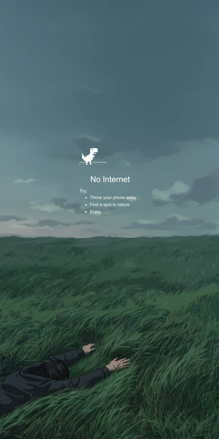 A figure lies peacefully immersed in a field of swaying green grass under a soft twilight sky, overlaid with the iconic Chrome 'No Internet' Dino game screen, making this 4K wallpaper a unique, reflective wallpaper for iPhone users. | aesthetic grass anime iphone nature wallpaper mobile no internet 4k wallpaper hd wallpaper relaxation chrome dino A figure lies peacefully immersed in a field of swaying green grass under a soft twilight sky, overlaid with the iconic Chrome 'No Internet' Dino game screen, making this 4K wallpaper a unique, reflective wallpaper for iPhone users.