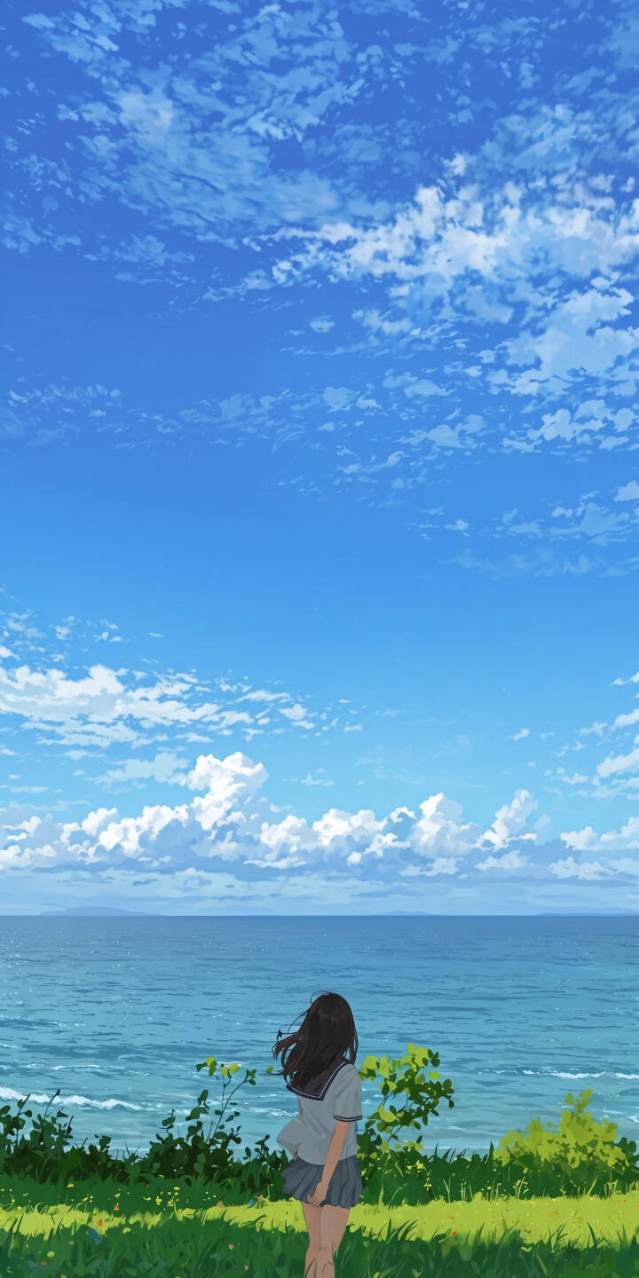 The vast blue sky filled with fluffy white clouds stretches above a lone anime girl gazing out at the serene blue ocean from a green grassy cliff in this stunning 4K wallpaper. This breathtaking vista offers a peaceful aesthetic, making it a perfect mobile wallpaper for iPhone. | sky anime iphone ocean clouds wallpaper anime girl mobile 4k wallpaper hd wallpaper serene scenic The vast blue sky filled with fluffy white clouds stretches above a lone anime girl gazing out at the serene blue ocean from a green grassy cliff in this stunning 4K wallpaper. This breathtaking vista offers a peaceful aesthetic, making it a perfect mobile wallpaper for iPhone.