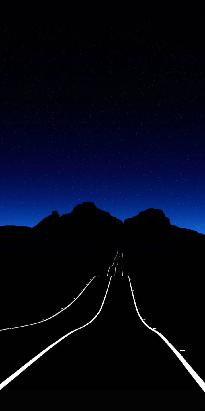 A minimalist dark blue gradient sky shimmers with faint stars over silhouetted mountains in this serene 4K wallpaper, featuring a long road with stark white lines; a tranquil wallpaper for your iPhone. | landscape iphone minimalist mountains wallpaper mobile 4k wallpaper hd wallpaper starry sky dark aesthetic serene night road A minimalist dark blue gradient sky shimmers with faint stars over silhouetted mountains in this serene 4K wallpaper, featuring a long road with stark white lines; a tranquil wallpaper for your iPhone.