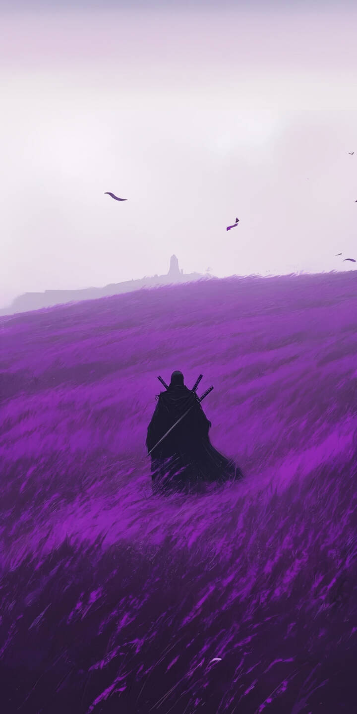 Vivid purple fields stretch endlessly as a cloaked samurai warrior, bearing two katana swords, makes a solitary journey towards a distant tower in this breathtaking 4K wallpaper. This epic, mysterious scene is a perfect mobile wallpaper for your iPhone. | aesthetic landscape samurai warrior purple iphone fantasy katana wallpaper mobile 4k wallpaper hd wallpaper Vivid purple fields stretch endlessly as a cloaked samurai warrior, bearing two katana swords, makes a solitary journey towards a distant tower in this breathtaking 4K wallpaper. This epic, mysterious scene is a perfect mobile wallpaper for your iPhone.