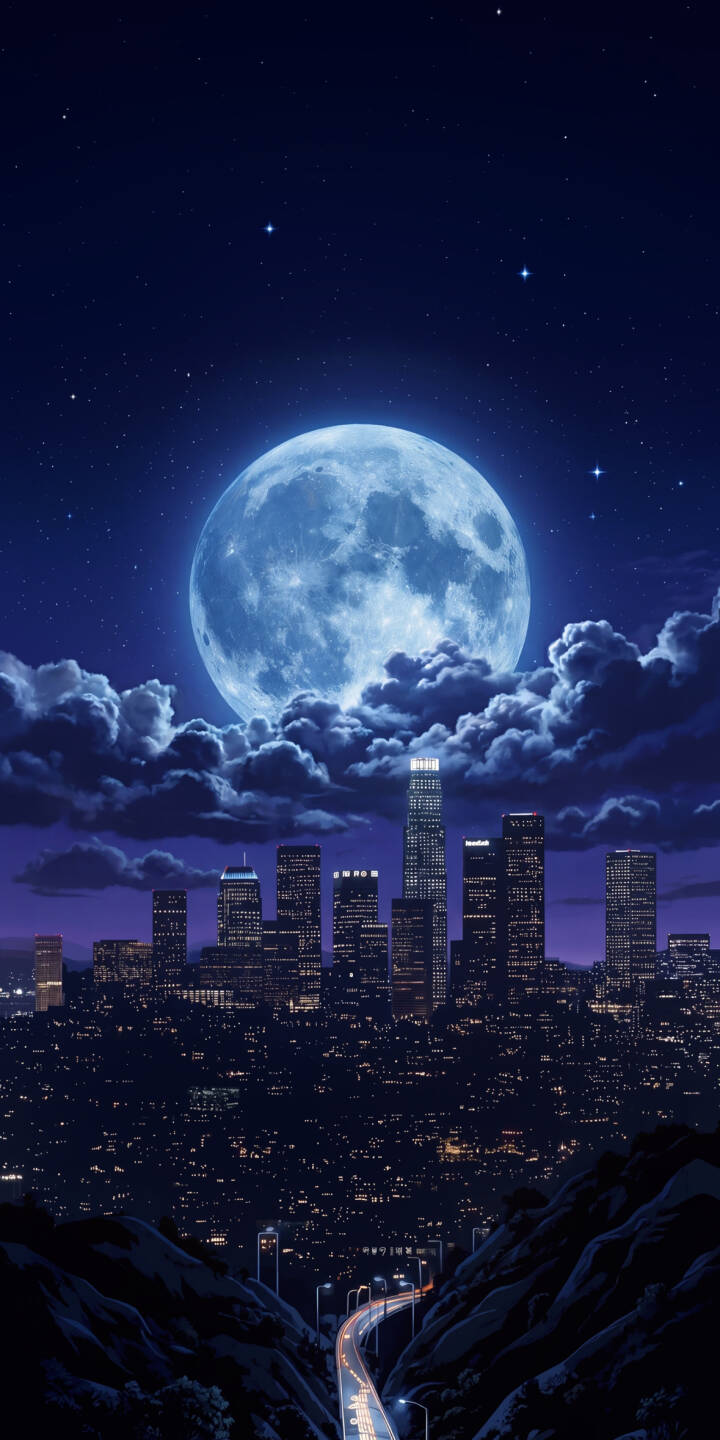 A colossal, glowing blue moon dominates the night sky, casting an ethereal light over the dark city skyline and winding road in this stunning 4K wallpaper. This atmospheric scene makes for an exquisite iPhone wallpaper, showcasing dramatic clouds and twinkling urban lights. | aesthetic city urban night moon skyline iphone clouds wallpaper mobile 4k wallpaper hd wallpaper A colossal, glowing blue moon dominates the night sky, casting an ethereal light over the dark city skyline and winding road in this stunning 4K wallpaper. This atmospheric scene makes for an exquisite iPhone wallpaper, showcasing dramatic clouds and twinkling urban lights.