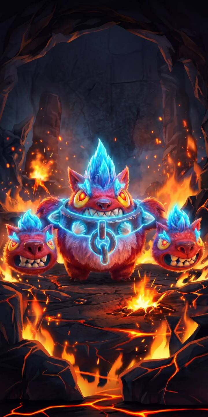 Glowing blue energy pulses around the central red and blue monster and its two companion heads, all featuring fierce teeth and spiky fur, amidst a fiery lava cave in this stunning 4K wallpaper — an epic wallpaper for iPhone users. | monster cave iphone wallpaper mobile glowing 4k wallpaper hd wallpaper brawl stars fiery fantasy art mythical creature lava monster Glowing blue energy pulses around the central red and blue monster and its two companion heads, all featuring fierce teeth and spiky fur, amidst a fiery lava cave in this stunning 4K wallpaper — an epic wallpaper for iPhone users.