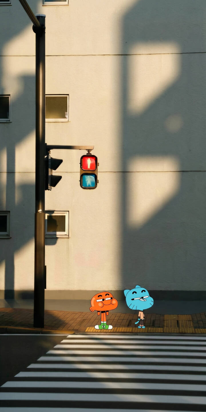 Gumball waves cheerfully as he and Darwin stand on a vibrant city street crosswalk under a traffic light displaying a striking blue walk signal in this delightful 4K wallpaper for iPhone, a charming wallpaper for fans of the show. | cartoon urban animated gumball the amazing world of gumball darwin iphone wallpaper mobile street 4k wallpaper hd wallpaper Gumball waves cheerfully as he and Darwin stand on a vibrant city street crosswalk under a traffic light displaying a striking blue walk signal in this delightful 4K wallpaper for iPhone, a charming wallpaper for fans of the show.