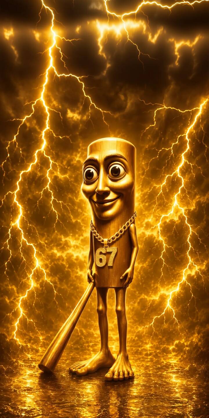 Fierce golden lightning streaks across a stormy background, framing a unique anthropomorphic golden character with a '67' chain and a baseball bat in this stunning 4K wallpaper; an electrifying wallpaper perfect for your iPhone. | lightning baseball bat iphone abstract wallpaper electric mobile 67 4k wallpaper hd wallpaper surreal brainrot golden character Fierce golden lightning streaks across a stormy background, framing a unique anthropomorphic golden character with a '67' chain and a baseball bat in this stunning 4K wallpaper; an electrifying wallpaper perfect for your iPhone.