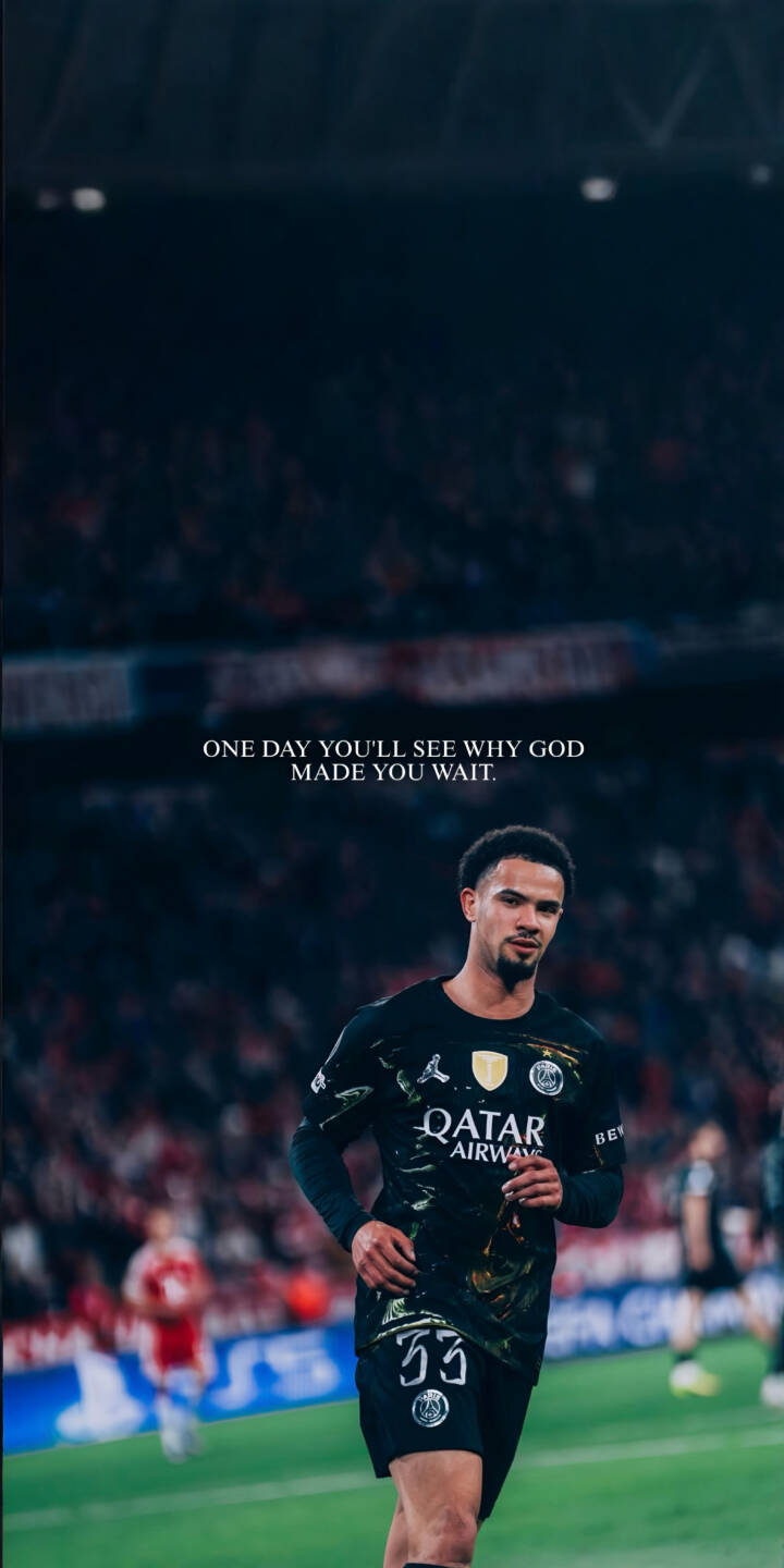 Warren Zaïre-Emery jogs across the vivid green pitch in his dark PSG jersey, an inspirational quote ("ONE DAY YOU'LL SEE WHY GOD MADE YOU WAIT.") overlayed above him in this stunning 4K wallpaper. This dynamic soccer wallpaper makes for a motivating iPhone background. | football stadium motivation iphone soccer wallpaper psg mobile warren zaïre-emery 4k wallpaper hd wallpaper Warren Zaïre-Emery jogs across the vivid green pitch in his dark PSG jersey, an inspirational quote ("ONE DAY YOU'LL SEE WHY GOD MADE YOU WAIT.") overlayed above him in this stunning 4K wallpaper. This dynamic soccer wallpaper makes for a motivating iPhone background.