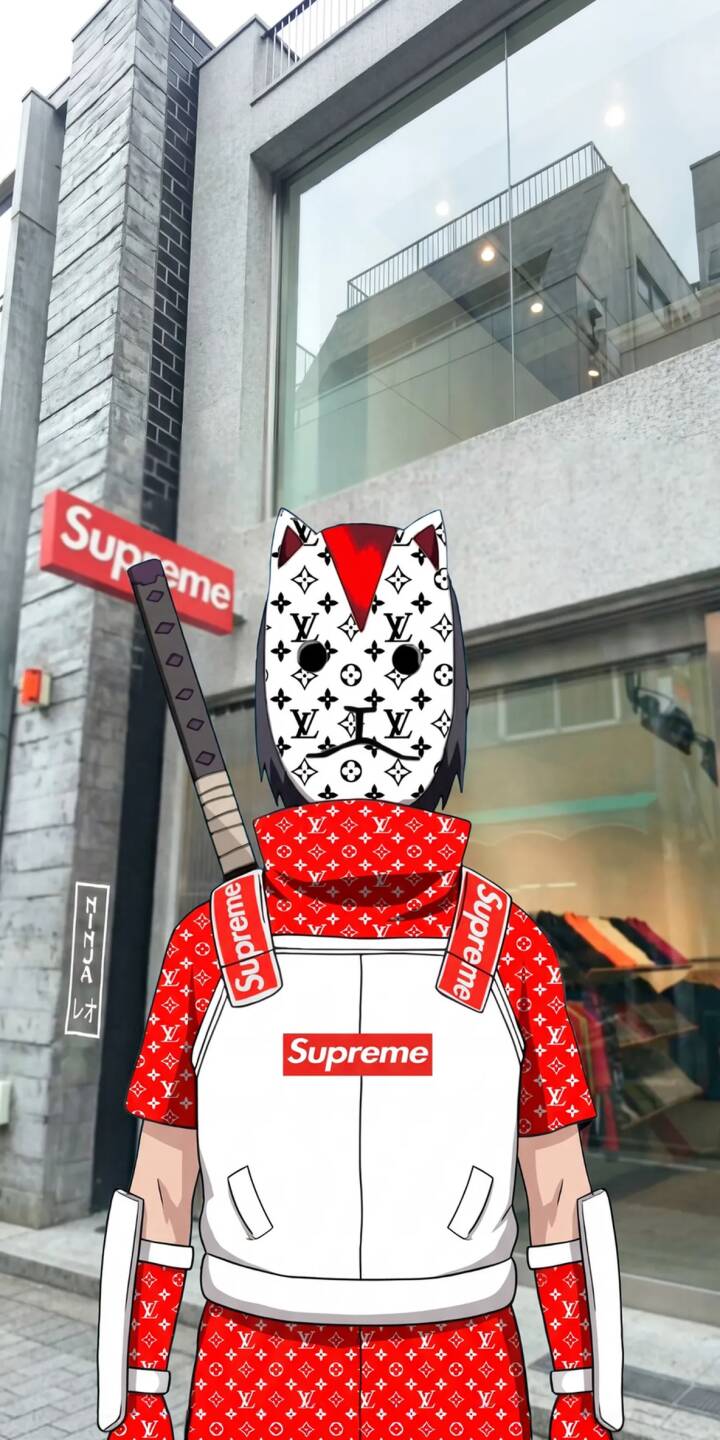 The striking Louis Vuitton monogrammed ANBU-style mask and full red Supreme-patterned outfit define this unique character, standing coolly outside a Supreme store in this vibrant 4K wallpaper. This luxury streetwear-inspired wallpaper for iPhone perfectly blends anime aesthetics with high-fashion flair. | aesthetic urban anime iphone ninja wallpaper louis vuitton supreme mobile 4k wallpaper hd wallpaper streetwear The striking Louis Vuitton monogrammed ANBU-style mask and full red Supreme-patterned outfit define this unique character, standing coolly outside a Supreme store in this vibrant 4K wallpaper. This luxury streetwear-inspired wallpaper for iPhone perfectly blends anime aesthetics with high-fashion flair.