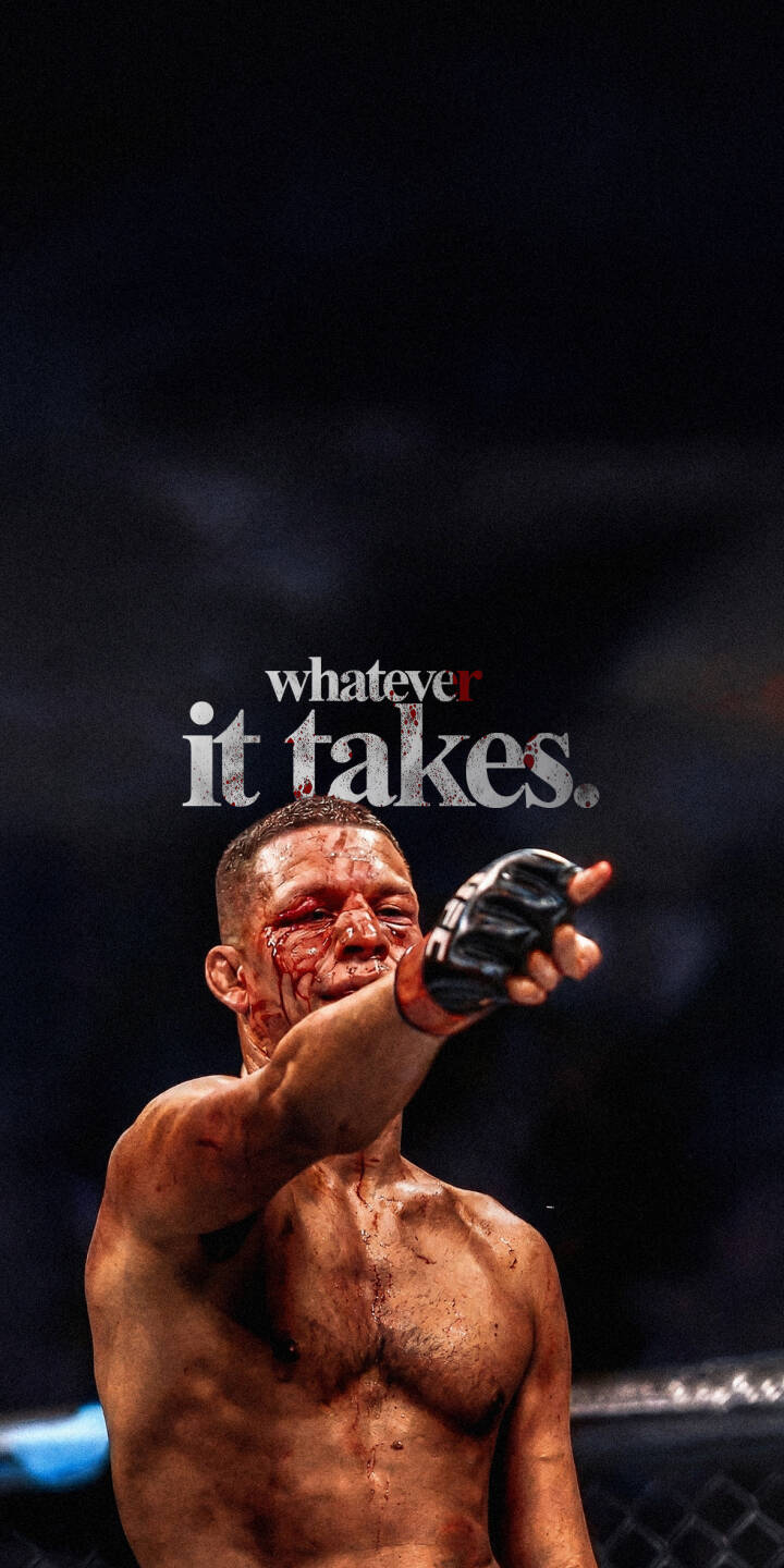 Blood streams down Nate Diaz's face and torso as he fiercely points forward beneath the defiant 'whatever it takes.' text. This intense 4K wallpaper perfectly captures the fighter's spirit, making it a must-have iPhone wallpaper. | sports blood motivation iphone fighter wallpaper mma nate diaz mobile ufc 4k wallpaper hd wallpaper Blood streams down Nate Diaz's face and torso as he fiercely points forward beneath the defiant 'whatever it takes.' text. This intense 4K wallpaper perfectly captures the fighter's spirit, making it a must-have iPhone wallpaper.