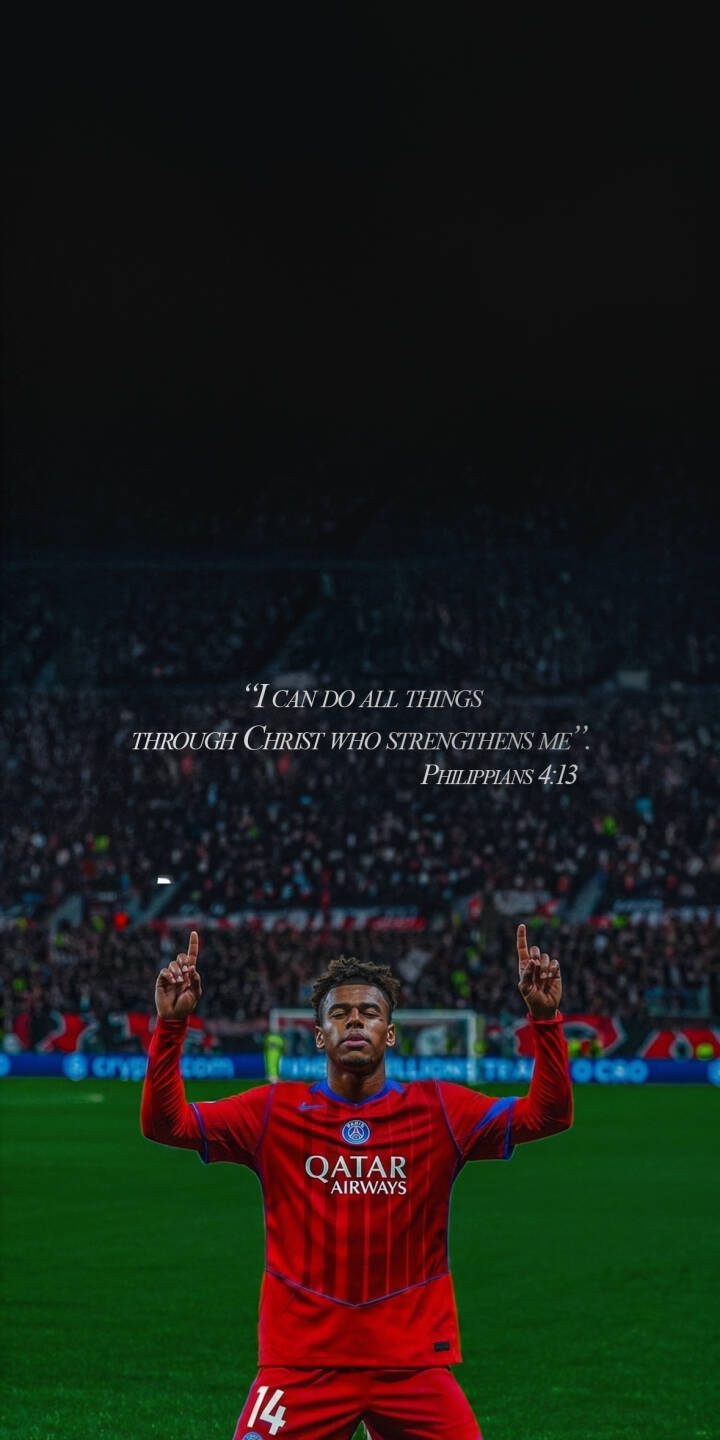 A soccer player in a vibrant red jersey points skyward, with the inspirational Philippians 4:13 quote 'I can do all things through Christ who strengthens me' displayed above, creating a powerful 4K wallpaper. This uplifting football wallpaper is perfect for your iPhone, showcasing faith and sport. | football player iphone soccer wallpaper psg christian mobile 4k wallpaper hd wallpaper inspiration philippians 4:13 A soccer player in a vibrant red jersey points skyward, with the inspirational Philippians 4:13 quote 'I can do all things through Christ who strengthens me' displayed above, creating a powerful 4K wallpaper. This uplifting football wallpaper is perfect for your iPhone, showcasing faith and sport.