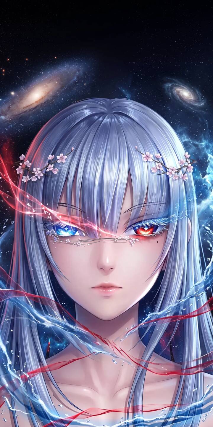 Mesmerizing blue and red eyes draw you into this cosmic anime girl wallpaper, framed by delicate cherry blossoms against a swirling galaxy backdrop — a breathtaking 4K wallpaper for iPhone. | cherry blossom iphone galaxy wallpaper anime girl mobile digital art 4k wallpaper hd wallpaper heterochromia fantasy art cosmic Mesmerizing blue and red eyes draw you into this cosmic anime girl wallpaper, framed by delicate cherry blossoms against a swirling galaxy backdrop — a breathtaking 4K wallpaper for iPhone.