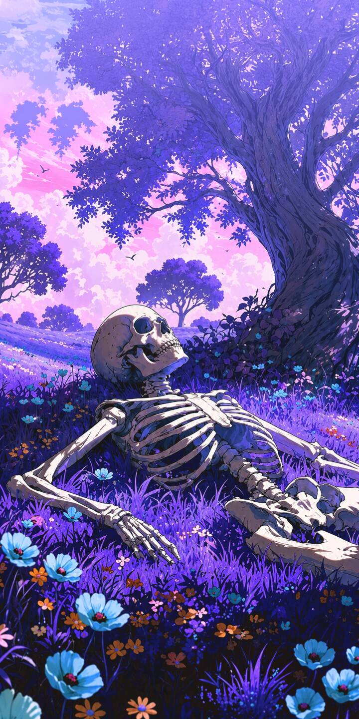 A peaceful skeleton rests on its back, gazing upwards from a vibrant field of purple grass and scattered blue and orange flowers in this captivating 4K wallpaper. This serene dreamscape offers a stunning and unique wallpaper for iPhone users. | aesthetic flowers purple skeleton iphone fantasy wallpaper mobile 4k wallpaper hd wallpaper dreamy serene A peaceful skeleton rests on its back, gazing upwards from a vibrant field of purple grass and scattered blue and orange flowers in this captivating 4K wallpaper. This serene dreamscape offers a stunning and unique wallpaper for iPhone users.