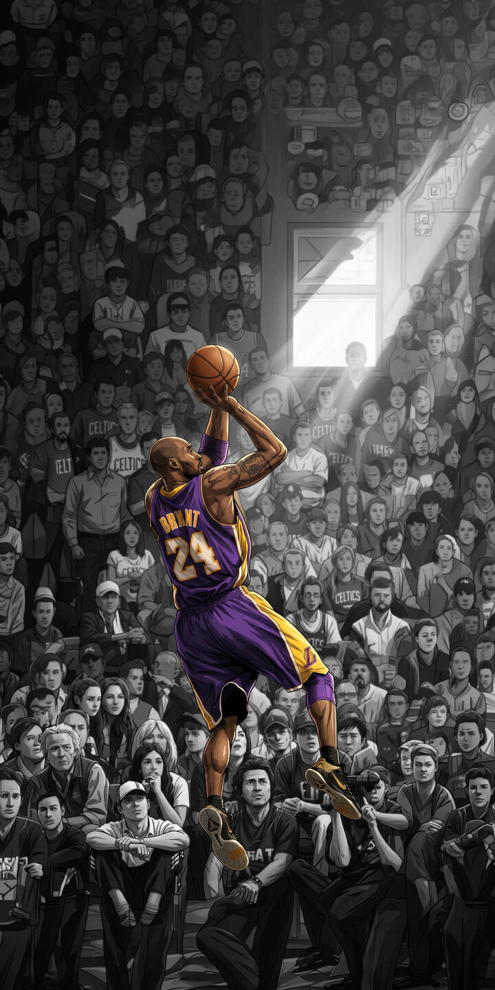 Kobe Bryant, clad in his vibrant purple and gold Lakers jersey, executes his iconic fadeaway shot under a dramatic spotlight, making this 4K wallpaper a must-have for iPhone users. The monochrome crowd adds a striking depth to this powerful sports wallpaper. | basketball nba lakers kobe kobe bryant iphone wallpaper mobile 4k wallpaper hd wallpaper sports illustration legendary shot Kobe Bryant, clad in his vibrant purple and gold Lakers jersey, executes his iconic fadeaway shot under a dramatic spotlight, making this 4K wallpaper a must-have for iPhone users. The monochrome crowd adds a striking depth to this powerful sports wallpaper.