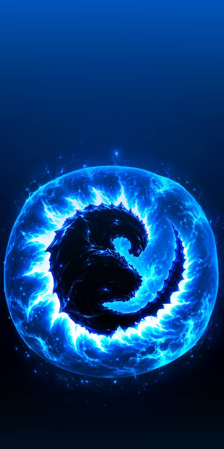 Vibrant blue energy pulsates intensely around a coiled, spiky black dragon figure encapsulated within a glowing orb in this striking 4K wallpaper; it's a powerful and mysterious fantasy wallpaper perfect for your iPhone screen. | dragon iphone fantasy abstract wallpaper godzilla mobile glowing 4k wallpaper hd wallpaper blue dragon orb energy godzilla earth godzilla final wars godzilla jdm godzilla vs kong godzilla gtr Vibrant blue energy pulsates intensely around a coiled, spiky black dragon figure encapsulated within a glowing orb in this striking 4K wallpaper; it's a powerful and mysterious fantasy wallpaper perfect for your iPhone screen.