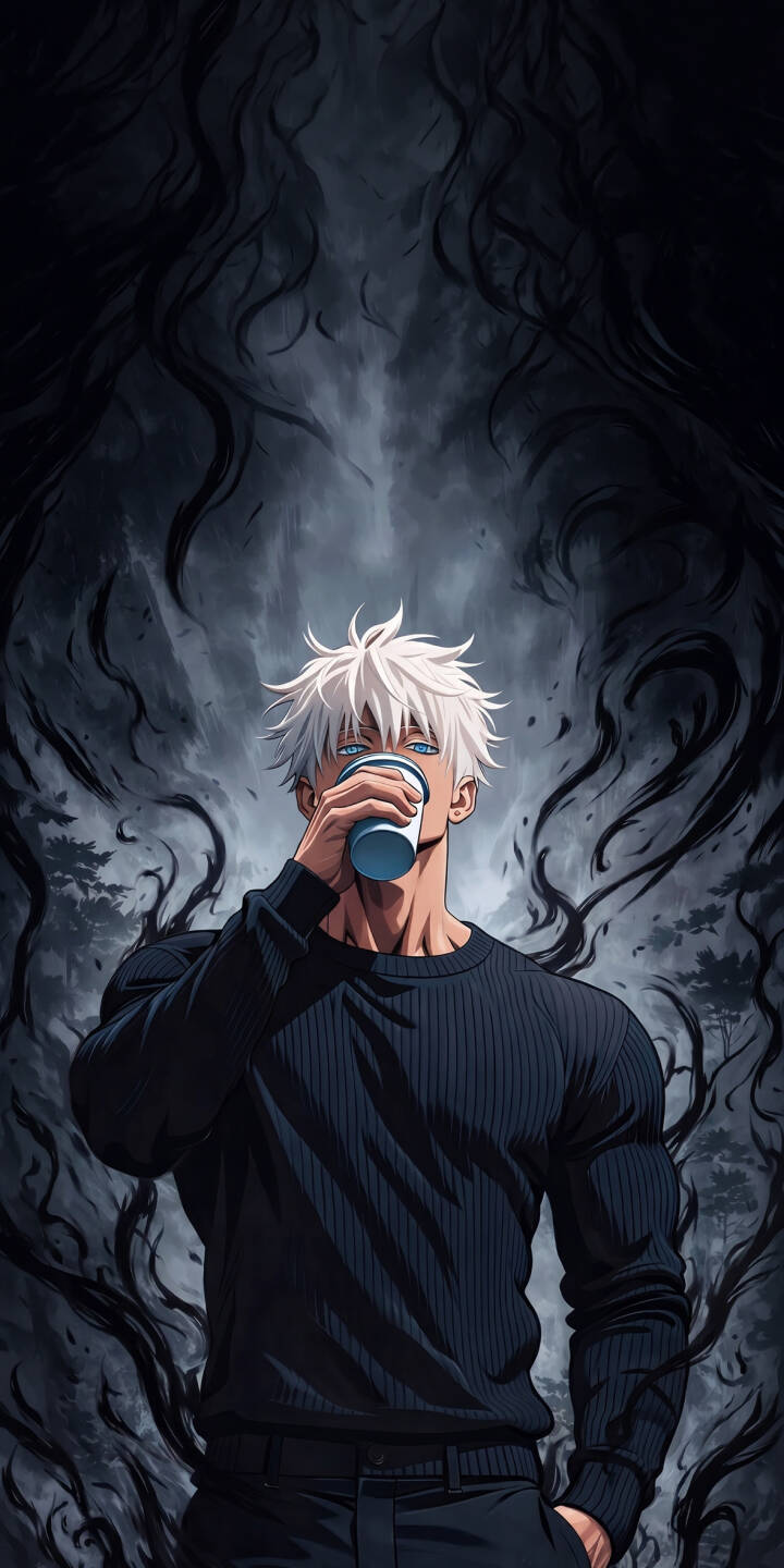 Satoru Gojo casually sips from a blue cup, his striking white hair and piercing blue eyes standing out against the dramatic dark background in this 4K anime wallpaper. This stunning visual makes a perfect iPhone wallpaper for fans of Jujutsu Kaisen. | anime iphone wallpaper gojo cool mobile 4k wallpaper hd wallpaper dark aesthetic jujutsu kaisen satoru gojo jjk Satoru Gojo casually sips from a blue cup, his striking white hair and piercing blue eyes standing out against the dramatic dark background in this 4K anime wallpaper. This stunning visual makes a perfect iPhone wallpaper for fans of Jujutsu Kaisen.