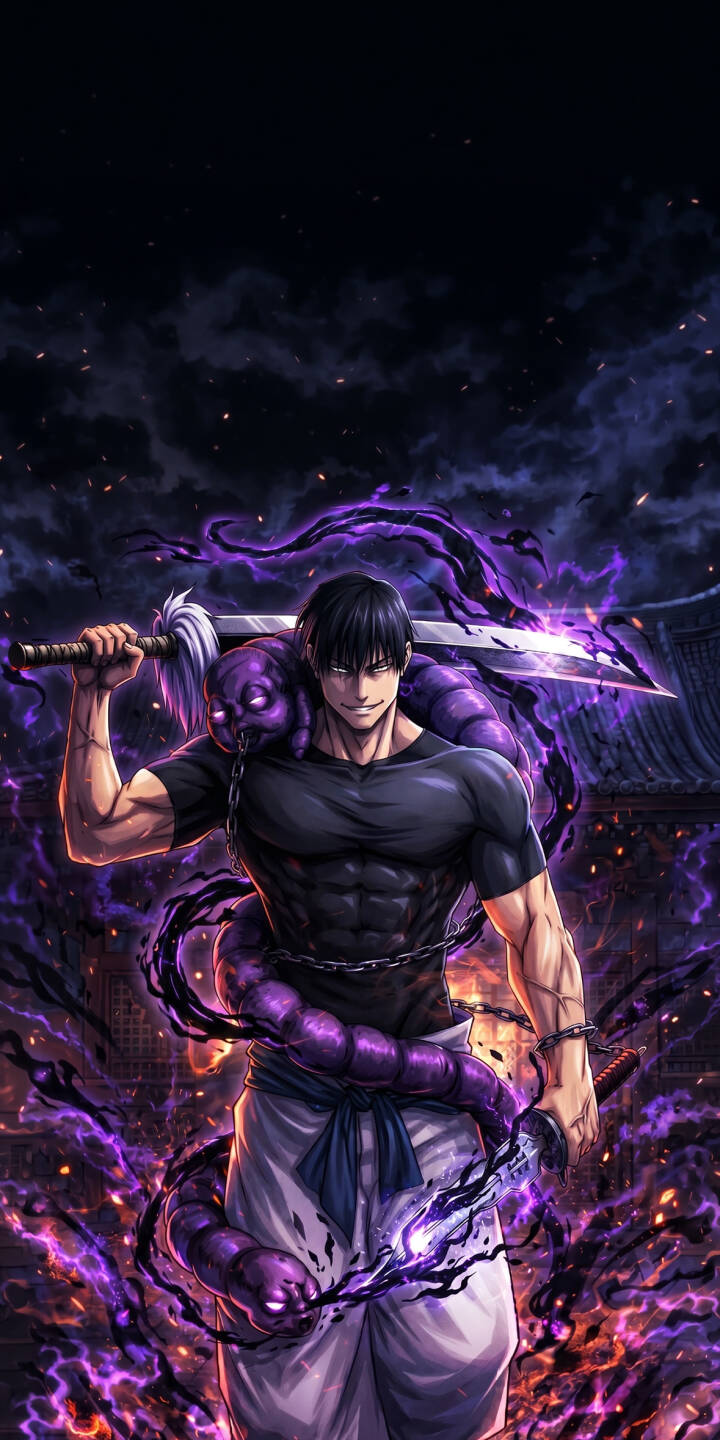 Toji Fushiguro's confident smirk cuts through the dark, powerful aura, his muscular form accompanied by the eerie purple Inventory Curse in this stunning 4K wallpaper. This intense wallpaper, showcasing his gleaming sword and a dramatic pose, is an essential download for iPhone users. | anime iphone wallpaper mobile 4k wallpaper hd wallpaper sorcerer killer jujutsu kaisen dark fantasy toji fushiguro toji inventory curse Toji Fushiguro's confident smirk cuts through the dark, powerful aura, his muscular form accompanied by the eerie purple Inventory Curse in this stunning 4K wallpaper. This intense wallpaper, showcasing his gleaming sword and a dramatic pose, is an essential download for iPhone users.