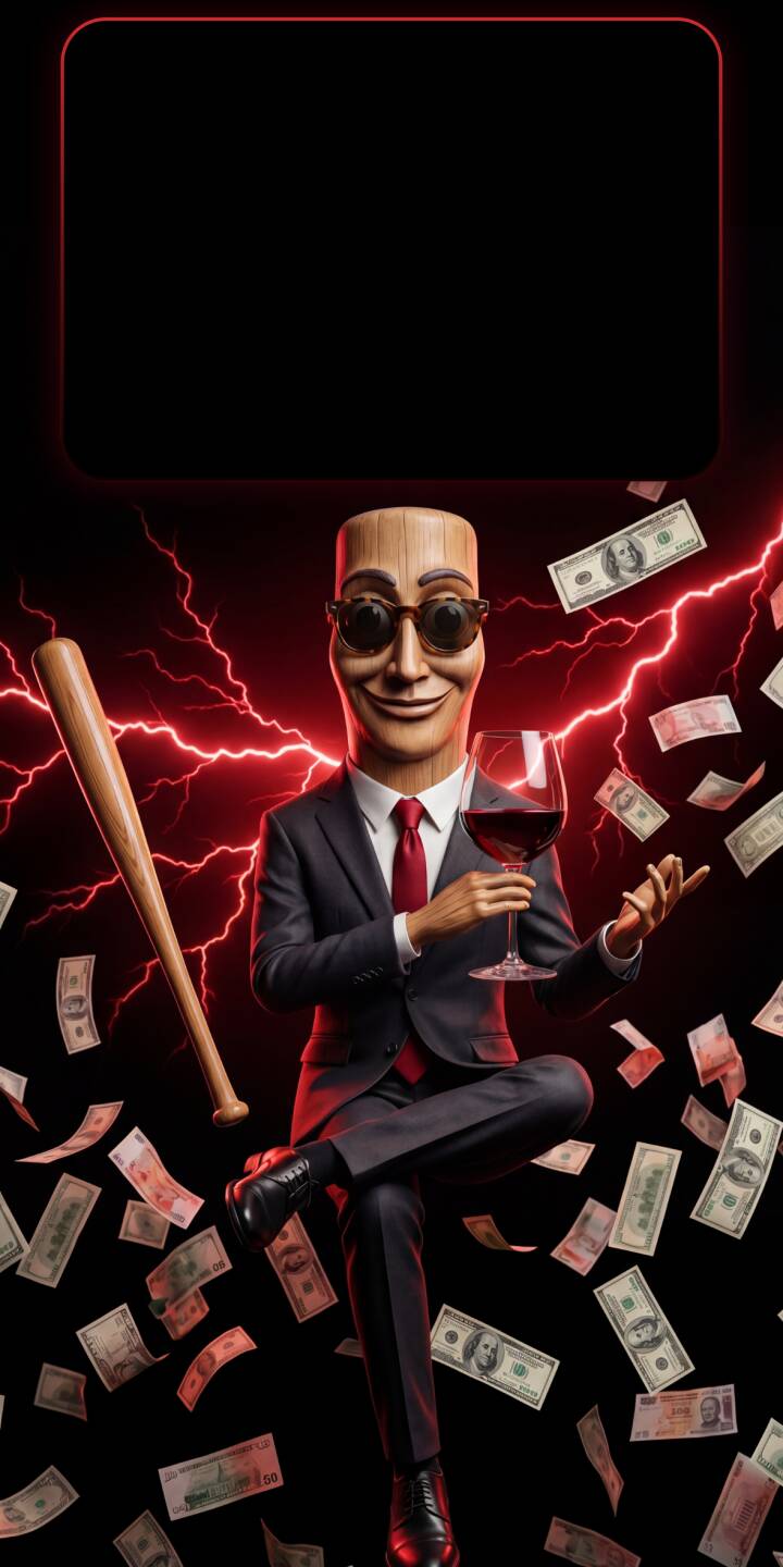 Red lightning crackles behind a wooden-faced millionaire with an unsettling smile, holding a glass of wine amidst a shower of money in this high-definition 4K wallpaper. This intriguing wallpaper, complete with a baseball bat, is perfect for any iPhone to add a touch of mysterious wealth. | money gangster iphone wallpaper mobile 4k wallpaper hd wallpaper dark aesthetic red lightning criminal stylized millionaire Red lightning crackles behind a wooden-faced millionaire with an unsettling smile, holding a glass of wine amidst a shower of money in this high-definition 4K wallpaper. This intriguing wallpaper, complete with a baseball bat, is perfect for any iPhone to add a touch of mysterious wealth.