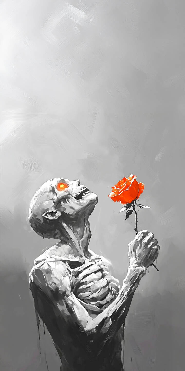 An undead figure with haunting orange glowing eyes gazes upward at a vibrant orange rose held delicately in its hand, creating a dramatic contrast in this grayscale 4K wallpaper. This captivating skeleton wallpaper is a must-have for iPhone users who appreciate evocative and melancholic art. | skeleton gothic iphone fantasy wallpaper mobile 4k wallpaper hd wallpaper glowing eyes dark art undead orange rose An undead figure with haunting orange glowing eyes gazes upward at a vibrant orange rose held delicately in its hand, creating a dramatic contrast in this grayscale 4K wallpaper. This captivating skeleton wallpaper is a must-have for iPhone users who appreciate evocative and melancholic art.