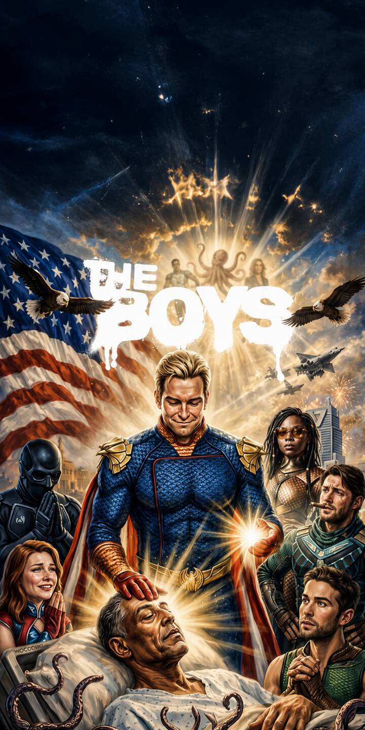 Homelander's hands glow with eerie power as he hovers over a prone man, set against a tattered American flag backdrop and the dripping "The Boys" logo in this striking 4K wallpaper. This action-packed ensemble wallpaper for iPhone features characters like Black Noir and Billy Butcher, perfect for fans of the gritty superhero series. | the boys dark homelander black noir iphone wallpaper billy butcher mobile 4k wallpaper hd wallpaper epic supes Homelander's hands glow with eerie power as he hovers over a prone man, set against a tattered American flag backdrop and the dripping "The Boys" logo in this striking 4K wallpaper. This action-packed ensemble wallpaper for iPhone features characters like Black Noir and Billy Butcher, perfect for fans of the gritty superhero series.