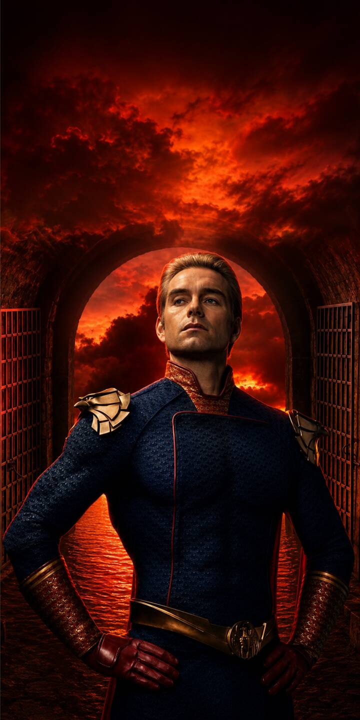Fiery red clouds erupt behind Homelander as he stands with menacing confidence in his iconic blue suit, framed by a dark archway in this striking 4K wallpaper. This powerful image makes a perfect mobile wallpaper for your iPhone. | the boys dark superhero homelander iphone villain wallpaper mobile 4k wallpaper hd wallpaper red sky epic Fiery red clouds erupt behind Homelander as he stands with menacing confidence in his iconic blue suit, framed by a dark archway in this striking 4K wallpaper. This powerful image makes a perfect mobile wallpaper for your iPhone.
