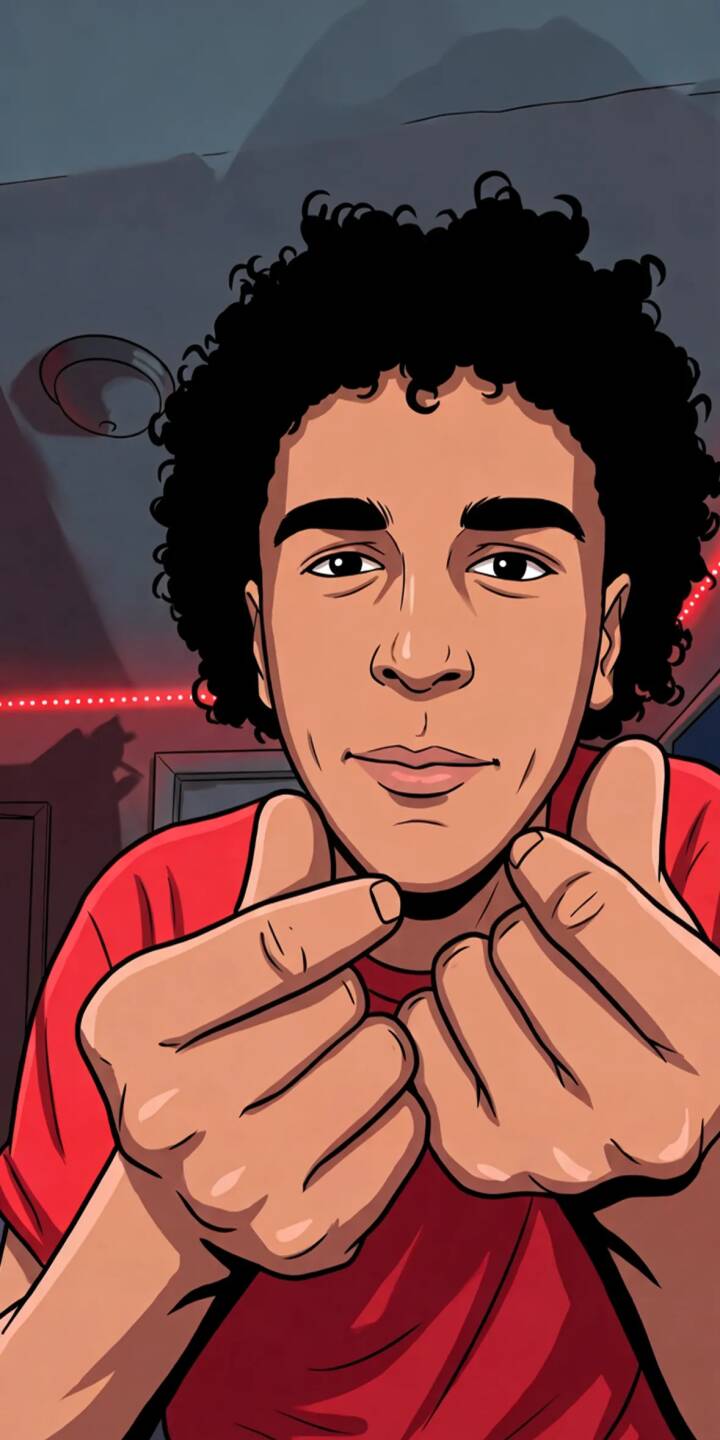 The animated guy warmly makes a finger heart gesture with his hands, set against a dark background with a glowing red LED strip, making a charming 4K wallpaper perfect for your iPhone. This casual animated wallpaper captures a friendly vibe. | cartoon aesthetic iphone wallpaper mobile digital art 4k wallpaper hd wallpaper curly hair finger heart animated guy red shirt The animated guy warmly makes a finger heart gesture with his hands, set against a dark background with a glowing red LED strip, making a charming 4K wallpaper perfect for your iPhone. This casual animated wallpaper captures a friendly vibe.