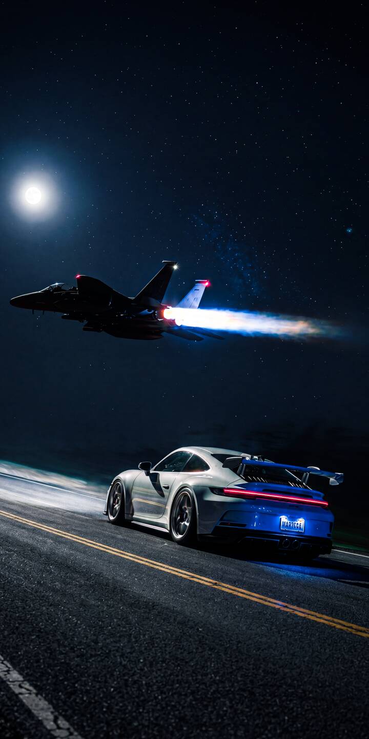 A powerful F-15 jet screams through the starry night sky with fiery blue afterburners, dramatically paired with a sleek Porsche 911 GT3 cruising below, its blue rear lighting creating a stunning 4K wallpaper perfect for iPhone. This thrilling wallpaper captures both speed and luxury under a bright moon. | sports car jet night sky iphone porsche wallpaper speed blue light mobile 4k wallpaper hd wallpaper f-15 eagle A powerful F-15 jet screams through the starry night sky with fiery blue afterburners, dramatically paired with a sleek Porsche 911 GT3 cruising below, its blue rear lighting creating a stunning 4K wallpaper perfect for iPhone. This thrilling wallpaper captures both speed and luxury under a bright moon.