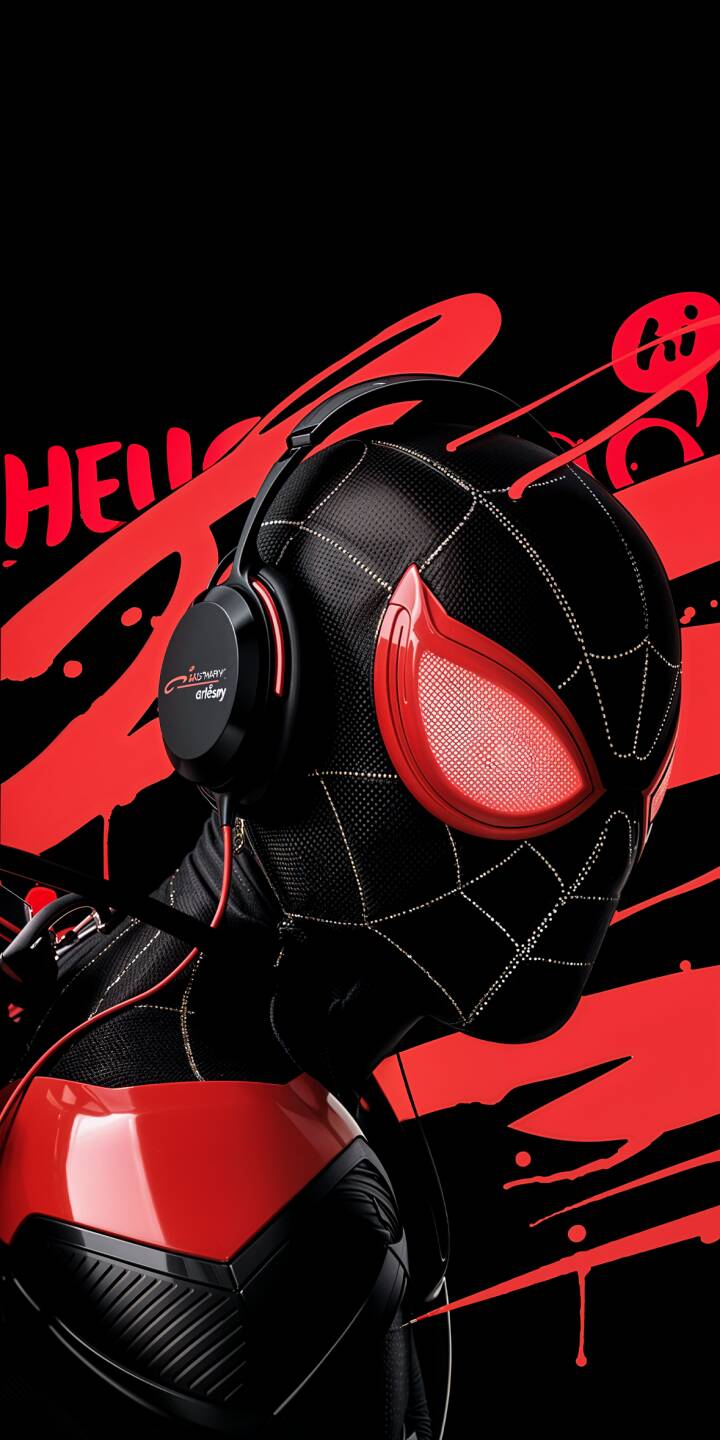 Strikingly red eyes and glowing headphones accent Miles Morales's sleek black suit, set against vibrant graffiti in this dynamic 4K wallpaper. This stylish wallpaper is perfect for any iPhone, capturing the hero's unique urban vibe. | superhero iphone wallpaper black suit miles morales graffiti mobile headphones spiderverse 4k wallpaper hd wallpaper spider-man Strikingly red eyes and glowing headphones accent Miles Morales's sleek black suit, set against vibrant graffiti in this dynamic 4K wallpaper. This stylish wallpaper is perfect for any iPhone, capturing the hero's unique urban vibe.