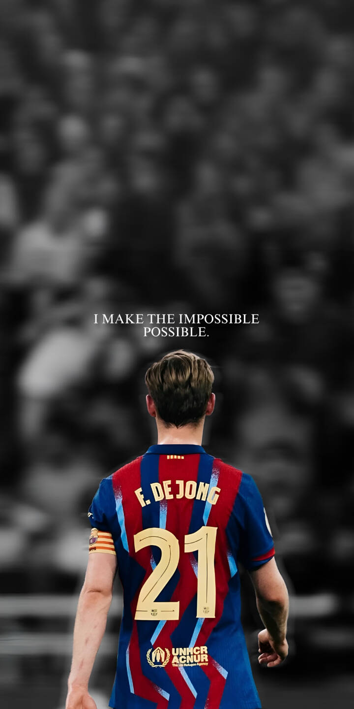 Striking text "I MAKE THE IMPOSSIBLE POSSIBLE" hovers above Frenkie de Jong's vibrant Barcelona number 21 jersey as he faces a blurred, grayscale crowd in this powerful 4K wallpaper. This inspirational football wallpaper for iPhone captures a moment of quiet determination, perfect for fans. | football quote iphone soccer barcelona wallpaper mobile 4k wallpaper hd wallpaper inspirational frenkie de jong number 21 Striking text "I MAKE THE IMPOSSIBLE POSSIBLE" hovers above Frenkie de Jong's vibrant Barcelona number 21 jersey as he faces a blurred, grayscale crowd in this powerful 4K wallpaper. This inspirational football wallpaper for iPhone captures a moment of quiet determination, perfect for fans.