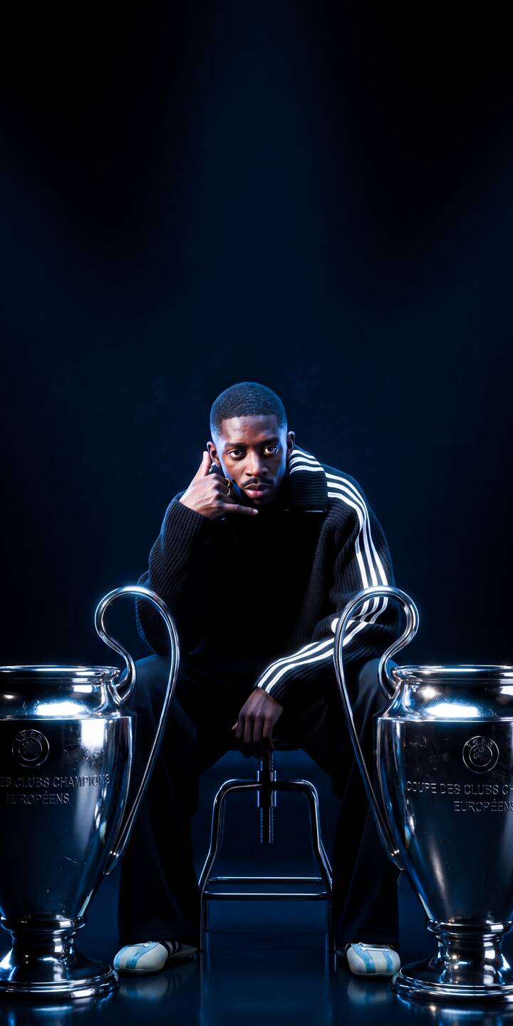 Ousmane Dembélé makes a 'call me' gesture, seated confidently between two gleaming Champions League trophies in this striking 4K wallpaper, making it a perfect sports wallpaper for iPhone screens. | sports football trophy iphone adidas wallpaper mobile 4k wallpaper hd wallpaper champions league ousmane dembele dembele Ousmane Dembélé makes a 'call me' gesture, seated confidently between two gleaming Champions League trophies in this striking 4K wallpaper, making it a perfect sports wallpaper for iPhone screens.