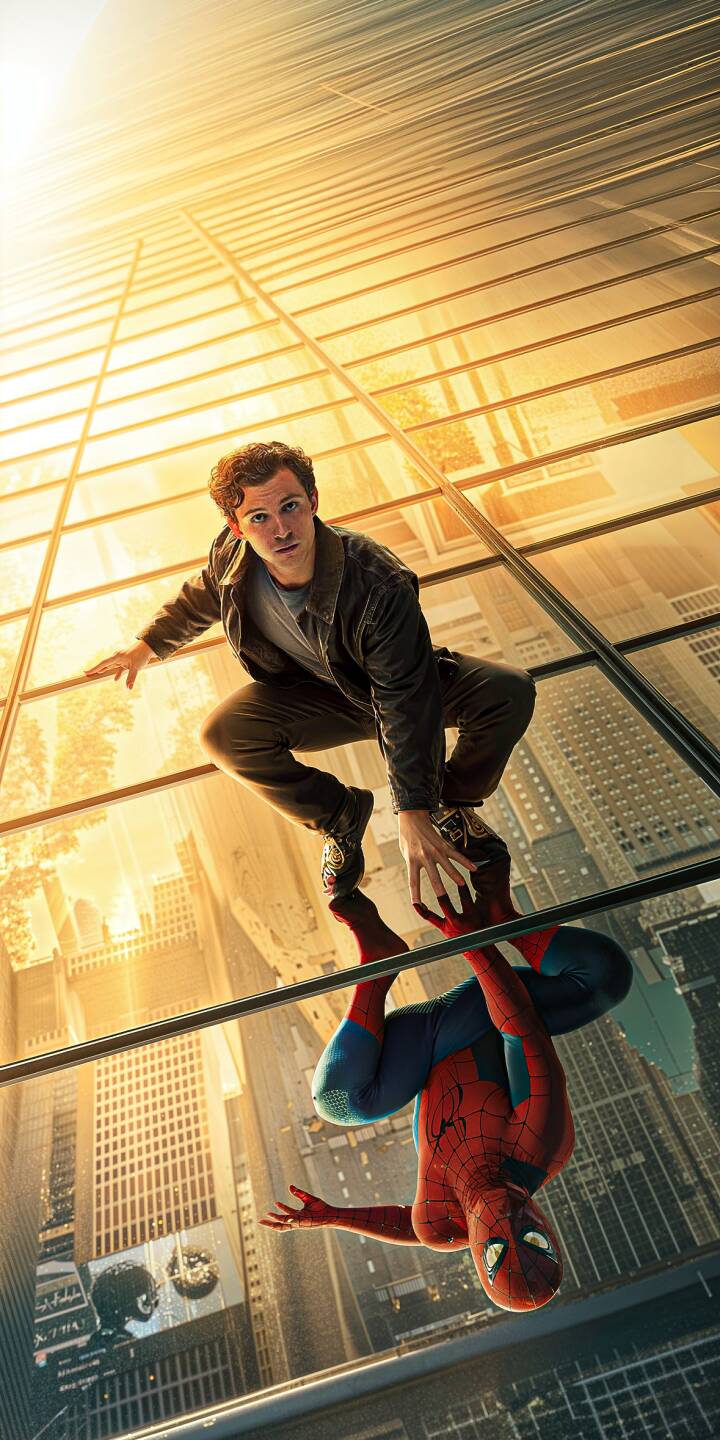 Peter Parker crouches on a gleaming golden skyscraper, his iconic Spider-Man reflection visible beneath him, capturing his dual identity in this striking 4K wallpaper. This dynamic urban wallpaper is perfect for personalizing your iPhone screen. | superhero reflection marvel iphone wallpaper peter parker mobile 4k wallpaper hd wallpaper spider-man cityscape tom holland Peter Parker crouches on a gleaming golden skyscraper, his iconic Spider-Man reflection visible beneath him, capturing his dual identity in this striking 4K wallpaper. This dynamic urban wallpaper is perfect for personalizing your iPhone screen.