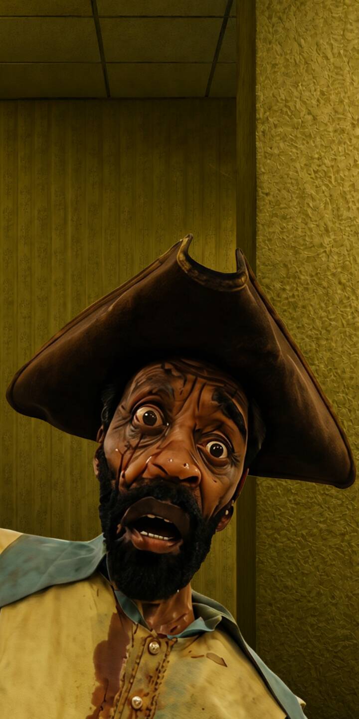 A wide-eyed, terrified expression dominates the face of a bearded man wearing a bloodied shirt and a tri-corner hat, trapped within the eerie yellow confines of the Backrooms in this striking 4K wallpaper. This chilling wallpaper makes for a truly unsettling background on any iPhone, highlighting the desperate fear of the explorer. | pirate iphone scary wallpaper horror mobile digital art 4k wallpaper hd wallpaper eerie backrooms distressed A wide-eyed, terrified expression dominates the face of a bearded man wearing a bloodied shirt and a tri-corner hat, trapped within the eerie yellow confines of the Backrooms in this striking 4K wallpaper. This chilling wallpaper makes for a truly unsettling background on any iPhone, highlighting the desperate fear of the explorer.