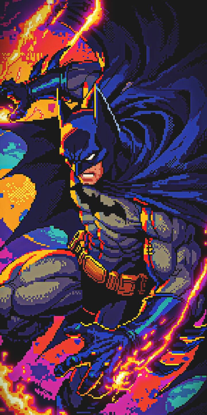 Vibrant, pixelated flames and energy surround Batman as he strikes a powerful, determined pose in this stunning 4K wallpaper. This retro-styled dynamic Batman wallpaper is perfect for any iPhone, bringing an epic aesthetic to your screen. | superhero neon batman iphone retro wallpaper dark knight mobile pixel art 4k wallpaper hd wallpaper dc comics Vibrant, pixelated flames and energy surround Batman as he strikes a powerful, determined pose in this stunning 4K wallpaper. This retro-styled dynamic Batman wallpaper is perfect for any iPhone, bringing an epic aesthetic to your screen.