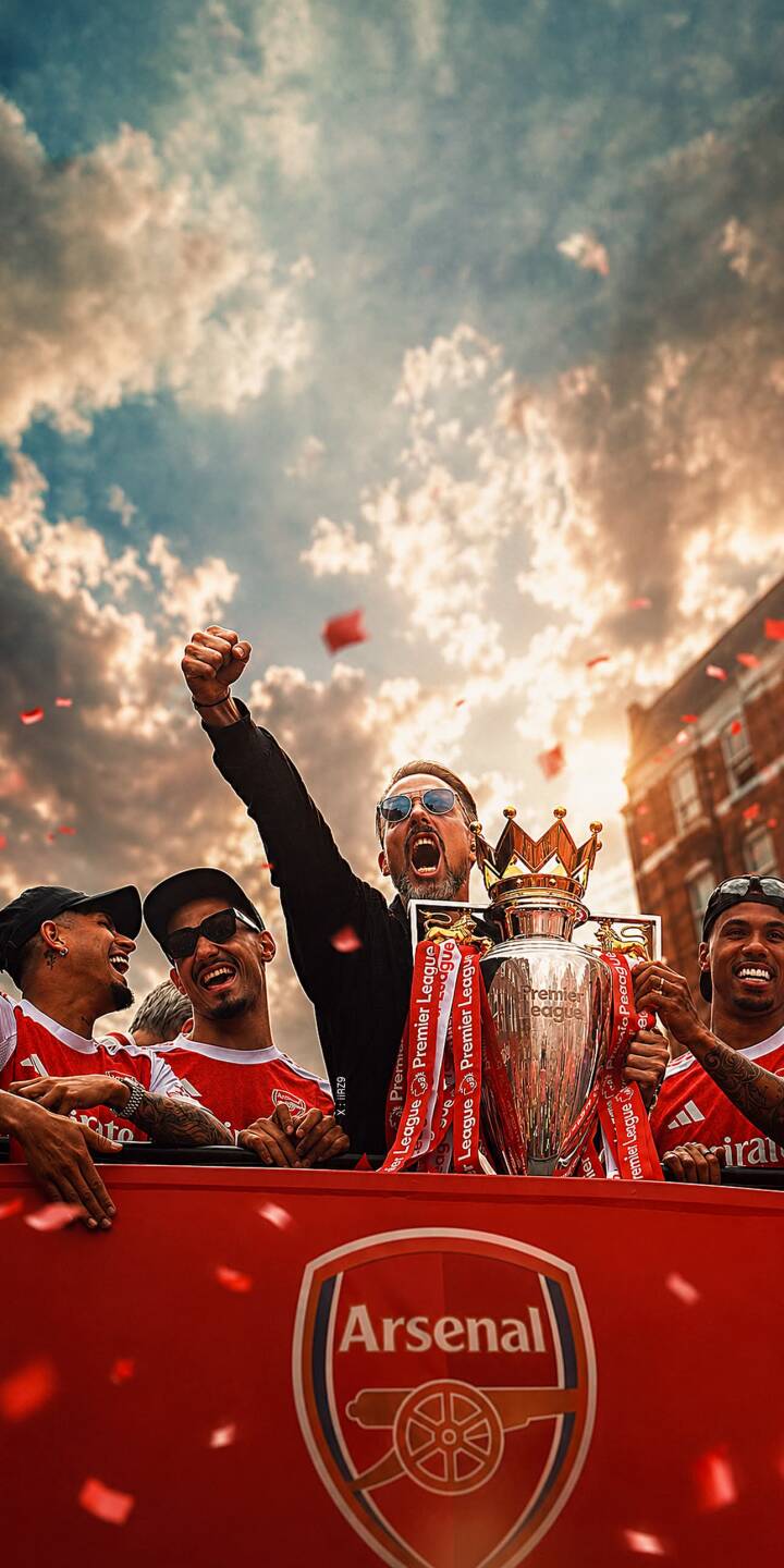 Red confetti showers down as Mikel Arteta raises a triumphant fist, celebrating with the golden-crowned Premier League trophy and smiling Arsenal players in this vibrant 4K wallpaper, making it a perfect mobile wallpaper for any iPhone. | football trophy celebration iphone premier league wallpaper champions mobile arsenal 4k wallpaper hd wallpaper mikel arteta Red confetti showers down as Mikel Arteta raises a triumphant fist, celebrating with the golden-crowned Premier League trophy and smiling Arsenal players in this vibrant 4K wallpaper, making it a perfect mobile wallpaper for any iPhone.