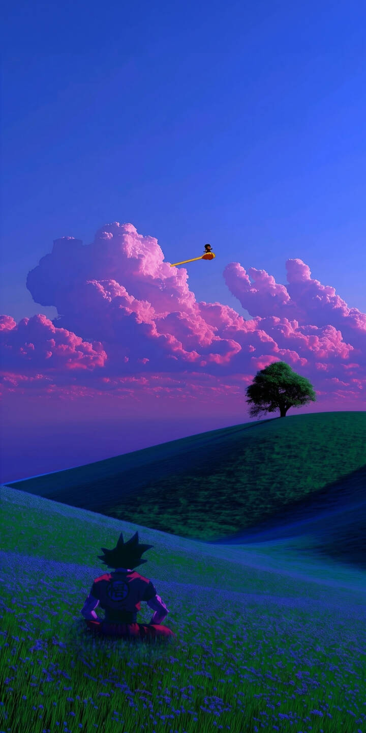 A tranquil Goku sits in a vibrant blue wildflower meadow, gazing towards immense pink-hued clouds in a serene blue sky, making this a perfect 4K wallpaper for iPhone. This atmospheric wallpaper creates a dreamlike escape on your device. | aesthetic landscape iphone goku wallpaper pastel mobile 4k wallpaper hd wallpaper dreamscape meditative dragon ball A tranquil Goku sits in a vibrant blue wildflower meadow, gazing towards immense pink-hued clouds in a serene blue sky, making this a perfect 4K wallpaper for iPhone. This atmospheric wallpaper creates a dreamlike escape on your device.