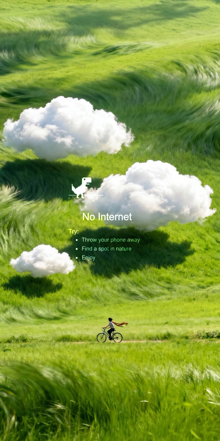 The iconic Chrome Dino and "No Internet" message hover above a vibrant, wind-swept green field, making for a unique 4K wallpaper; this creative wallpaper for iPhone invites you to step outside and enjoy nature. | aesthetic iphone nature wallpaper mobile no internet green field 4k wallpaper hd wallpaper chrome dino dinosaur game bike ride The iconic Chrome Dino and "No Internet" message hover above a vibrant, wind-swept green field, making for a unique 4K wallpaper; this creative wallpaper for iPhone invites you to step outside and enjoy nature.