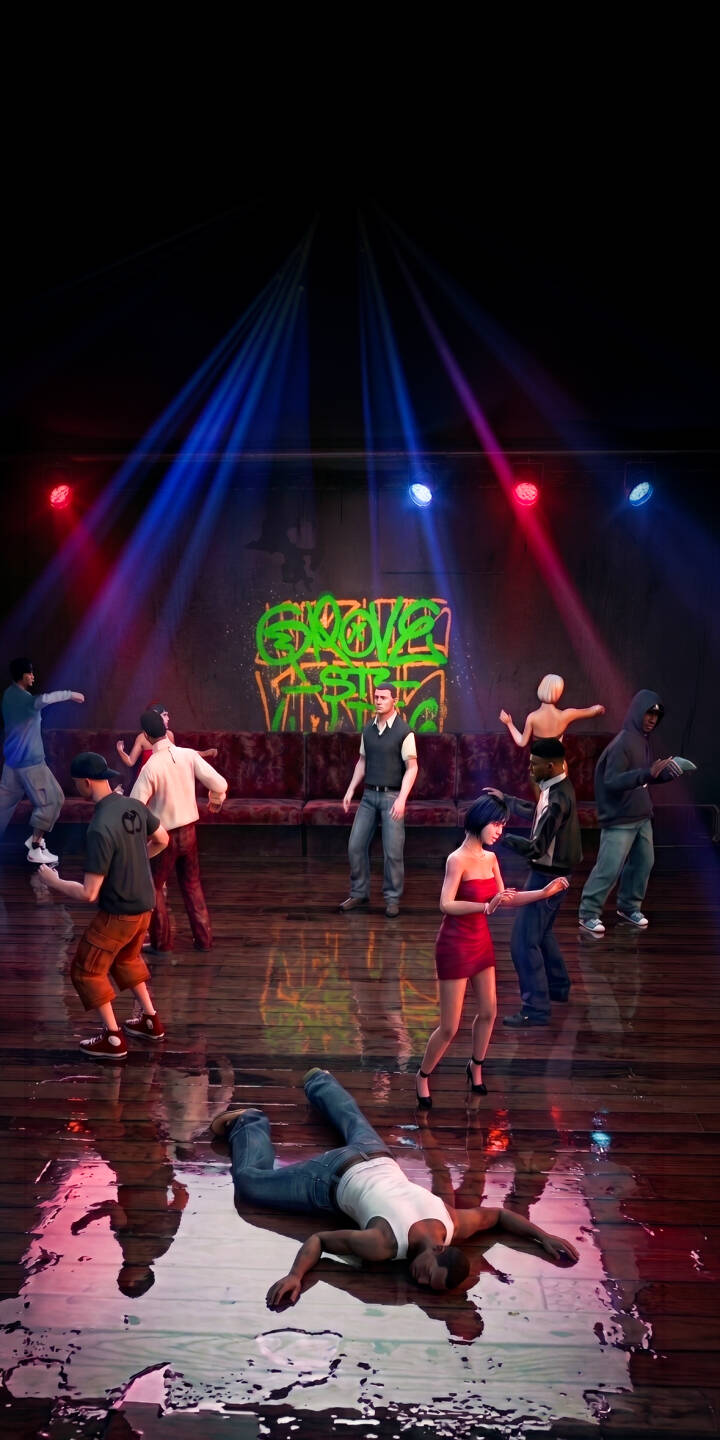 Amidst the chaotic energy of a Grand Theft Auto nightclub, CJ lies passed out on a gleaming, wet wooden floor, beautifully reflecting the red and blue spotlights, making this a vibrant 4K wallpaper. This dynamic scene, featuring a lively dancing crowd and 'Groove Street' graffiti, is an essential wallpaper for any iPhone owner. | party nightclub gta iphone san andreas gaming wallpaper mobile grand theft auto 4k wallpaper hd wallpaper cj Amidst the chaotic energy of a Grand Theft Auto nightclub, CJ lies passed out on a gleaming, wet wooden floor, beautifully reflecting the red and blue spotlights, making this a vibrant 4K wallpaper. This dynamic scene, featuring a lively dancing crowd and 'Groove Street' graffiti, is an essential wallpaper for any iPhone owner.