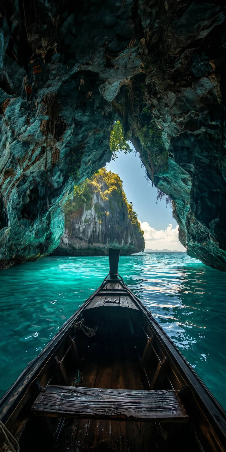The front of a traditional longtail boat glides through vibrant turquoise waters, emerging from a dramatic dark limestone cave towards a sunlit distant island in this breathtaking 4K wallpaper. This stunning ocean cave wallpaper is a perfect fit for any iPhone, offering a serene escape. | landscape turquoise cave iphone ocean wallpaper tropical mobile 4k wallpaper hd wallpaper longtail boat thailand The front of a traditional longtail boat glides through vibrant turquoise waters, emerging from a dramatic dark limestone cave towards a sunlit distant island in this breathtaking 4K wallpaper. This stunning ocean cave wallpaper is a perfect fit for any iPhone, offering a serene escape.