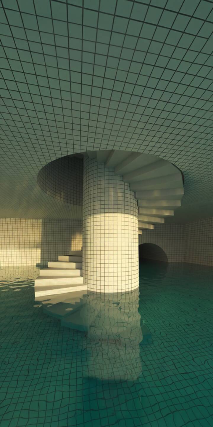 A tiled spiral staircase elegantly ascends from mysterious, green-tinged water, reflecting light onto the grid-patterned ceiling above. This haunting 4K wallpaper captures the eerie tranquility of a liminal space, making it a unique wallpaper for iPhone users. | aesthetic pool iphone wallpaper mobile 4k wallpaper hd wallpaper liminal staircase eerie backrooms green water A tiled spiral staircase elegantly ascends from mysterious, green-tinged water, reflecting light onto the grid-patterned ceiling above. This haunting 4K wallpaper captures the eerie tranquility of a liminal space, making it a unique wallpaper for iPhone users.