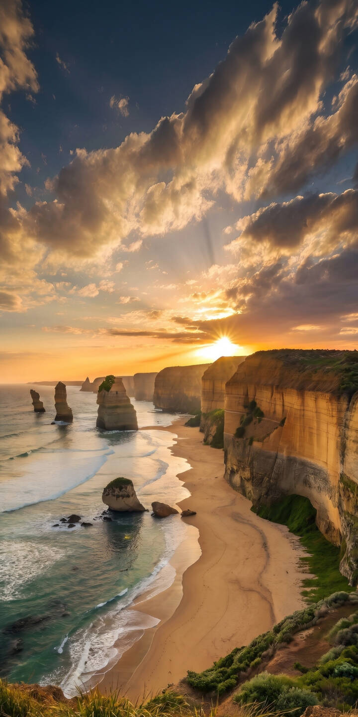 Golden sun rays burst through dramatic clouds, illuminating the majestic Twelve Apostles rock stacks along this rugged coastline in a breathtaking 4K wallpaper. This stunning landscape wallpaper is perfect for any iPhone. | landscape sunset beach iphone australia ocean wallpaper mobile 4k wallpaper hd wallpaper coastline twelve apostles Golden sun rays burst through dramatic clouds, illuminating the majestic Twelve Apostles rock stacks along this rugged coastline in a breathtaking 4K wallpaper. This stunning landscape wallpaper is perfect for any iPhone.