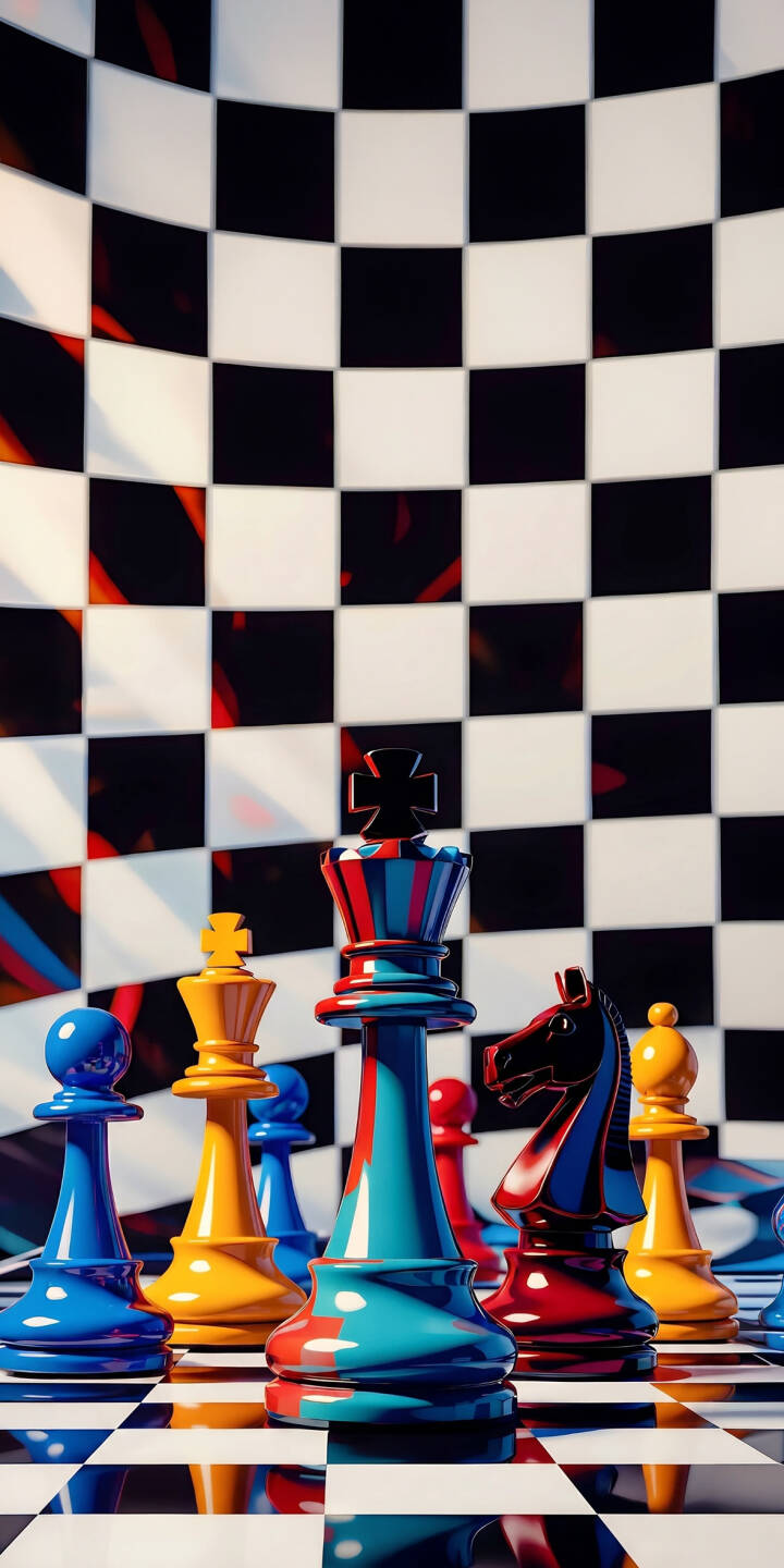 Vivid, multi-colored chess pieces stand poised on a reflective board in this striking 4K wallpaper, featuring a king with blue, red, and teal stripes. This dynamic chess art makes a compelling wallpaper for iPhone, perfect for strategic minds. | colorful iphone abstract wallpaper vibrant mobile chess 4k wallpaper hd wallpaper strategy game chess pieces chessboard Vivid, multi-colored chess pieces stand poised on a reflective board in this striking 4K wallpaper, featuring a king with blue, red, and teal stripes. This dynamic chess art makes a compelling wallpaper for iPhone, perfect for strategic minds.