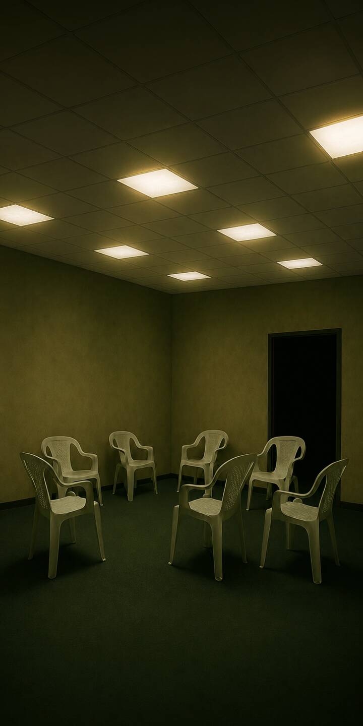 A haunting circle of empty white plastic chairs sits in an eerie yellow-green room illuminated by square fluorescent lights, creating an unsettling liminal 4K wallpaper perfect for iPhone users. This atmospheric wallpaper captures the desolate, infinite feel of a strange, forgotten space. | aesthetic creepy iphone wallpaper mobile 4k wallpaper hd wallpaper eerie liminal space backrooms empty room chairs A haunting circle of empty white plastic chairs sits in an eerie yellow-green room illuminated by square fluorescent lights, creating an unsettling liminal 4K wallpaper perfect for iPhone users. This atmospheric wallpaper captures the desolate, infinite feel of a strange, forgotten space.
