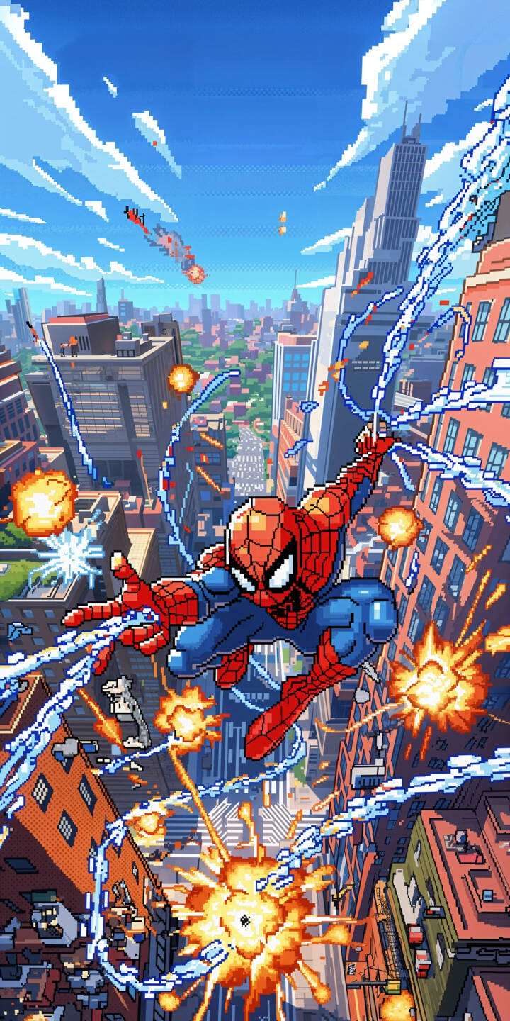 Explosions erupt around a pixelated Spider-Man as he dynamically swings through a detailed city, making this vibrant 4K wallpaper a perfect action-packed wallpaper for iPhone fans. | superhero marvel spiderman iphone wallpaper action mobile pixel art 4k wallpaper hd wallpaper spider-man cityscape Explosions erupt around a pixelated Spider-Man as he dynamically swings through a detailed city, making this vibrant 4K wallpaper a perfect action-packed wallpaper for iPhone fans.