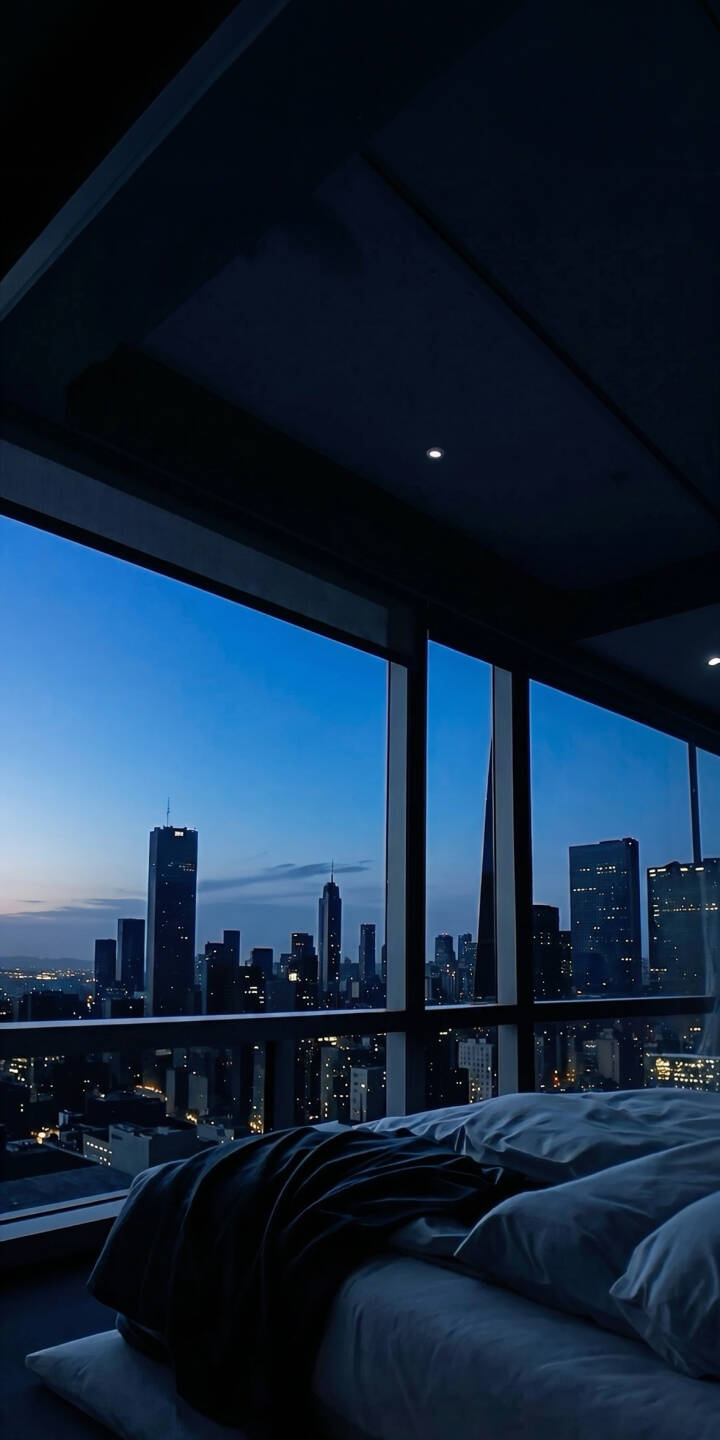 A serene twilight blue paints the sky above a sprawling urban cityscape, viewed from a modern bedroom window, in this stunning 4K wallpaper. This dark and aesthetic wallpaper, featuring softly lit distant buildings and a minimalist interior, is perfect for iPhone personalization. | urban skyline iphone wallpaper mobile 4k wallpaper hd wallpaper dark aesthetic modern interior cityscape night city bedroom view A serene twilight blue paints the sky above a sprawling urban cityscape, viewed from a modern bedroom window, in this stunning 4K wallpaper. This dark and aesthetic wallpaper, featuring softly lit distant buildings and a minimalist interior, is perfect for iPhone personalization.