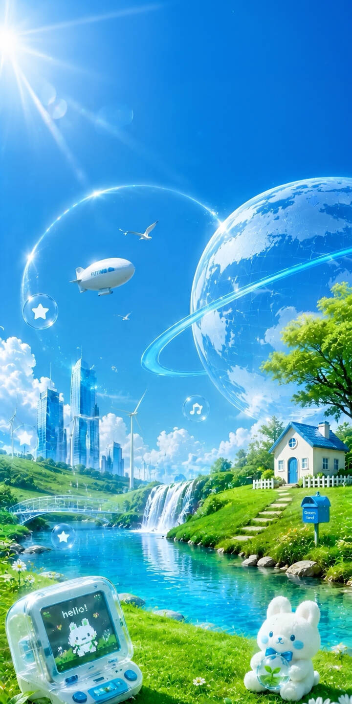 A radiant blue sky brightens a breathtaking utopian valley, where a distant ringed planet orbits above a futuristic cityscape and a shimmering waterfall, creating a truly idyllic Frutiger Aero 4K wallpaper. This stunning iPhone wallpaper also features a charming cottage and an adorable bunny plush next to a retro 'hello!' monitor, blending nature and future seamlessly. | landscape anime cute iphone fantasy wallpaper futuristic mobile frutiger aero peaceful 4k wallpaper hd wallpaper utopian windowsxp A radiant blue sky brightens a breathtaking utopian valley, where a distant ringed planet orbits above a futuristic cityscape and a shimmering waterfall, creating a truly idyllic Frutiger Aero 4K wallpaper. This stunning iPhone wallpaper also features a charming cottage and an adorable bunny plush next to a retro 'hello!' monitor, blending nature and future seamlessly.