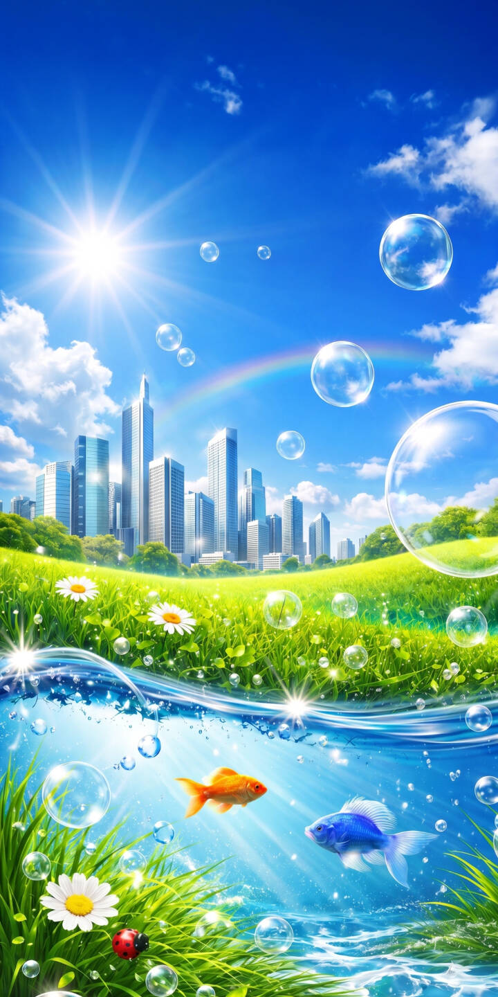 A shimmering surface divides a bright blue sky with a modern city skyline from a vibrant underwater world where colorful goldfish and blue fish swim among green plants in this captivating Frutiger Aero 4K wallpaper, making it a perfect wallpaper for iPhone. | underwater fish iphone nature fantasy bubbles wallpaper vibrant futuristic mobile frutiger aero 4k wallpaper hd wallpaper cityscape windowsxp A shimmering surface divides a bright blue sky with a modern city skyline from a vibrant underwater world where colorful goldfish and blue fish swim among green plants in this captivating Frutiger Aero 4K wallpaper, making it a perfect wallpaper for iPhone.