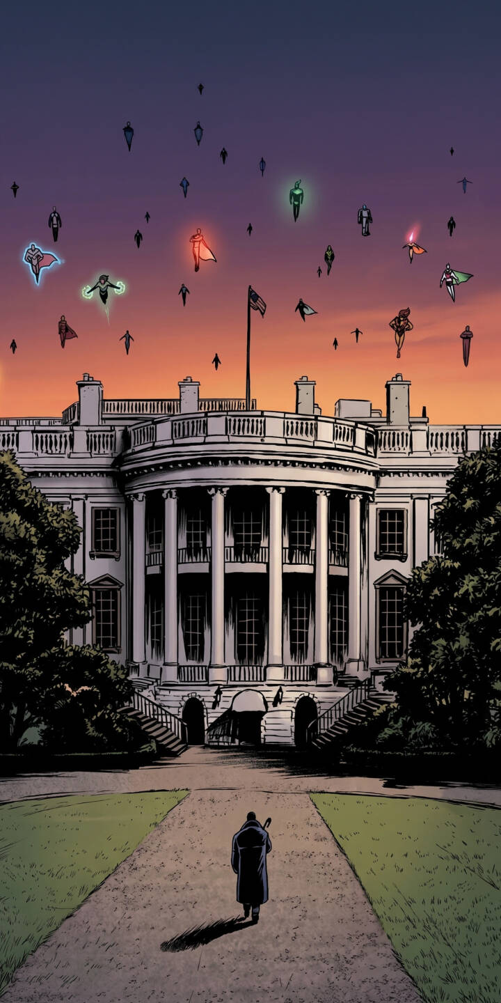 An array of costumed heroes, or 'Supes', fill the vibrant sunset sky above the iconic White House, creating a dramatic visual in this stunning 4K wallpaper. A lone figure observes the aerial spectacle from the White House lawn, making this an intense wallpaper for any iPhone. | sunset superhero iphone wallpaper mobile comic art 4k wallpaper hd wallpaper epic dramatic white house supes An array of costumed heroes, or 'Supes', fill the vibrant sunset sky above the iconic White House, creating a dramatic visual in this stunning 4K wallpaper. A lone figure observes the aerial spectacle from the White House lawn, making this an intense wallpaper for any iPhone.