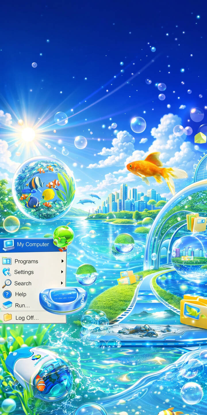 A brilliant sunburst illuminates a sky filled with glistening bubbles, a golden goldfish soaring above a whimsical computer desktop vista. This vibrant Frutiger Aero 4K wallpaper, featuring a floating "My Computer" menu and an underwater fishbowl, makes for a captivating iPhone wallpaper. | aesthetic iphone fantasy bubbles wallpaper futuristic mobile goldfish desktop whimsical frutiger aero 4k wallpaper hd wallpaper windows os windowsxp A brilliant sunburst illuminates a sky filled with glistening bubbles, a golden goldfish soaring above a whimsical computer desktop vista. This vibrant Frutiger Aero 4K wallpaper, featuring a floating "My Computer" menu and an underwater fishbowl, makes for a captivating iPhone wallpaper.