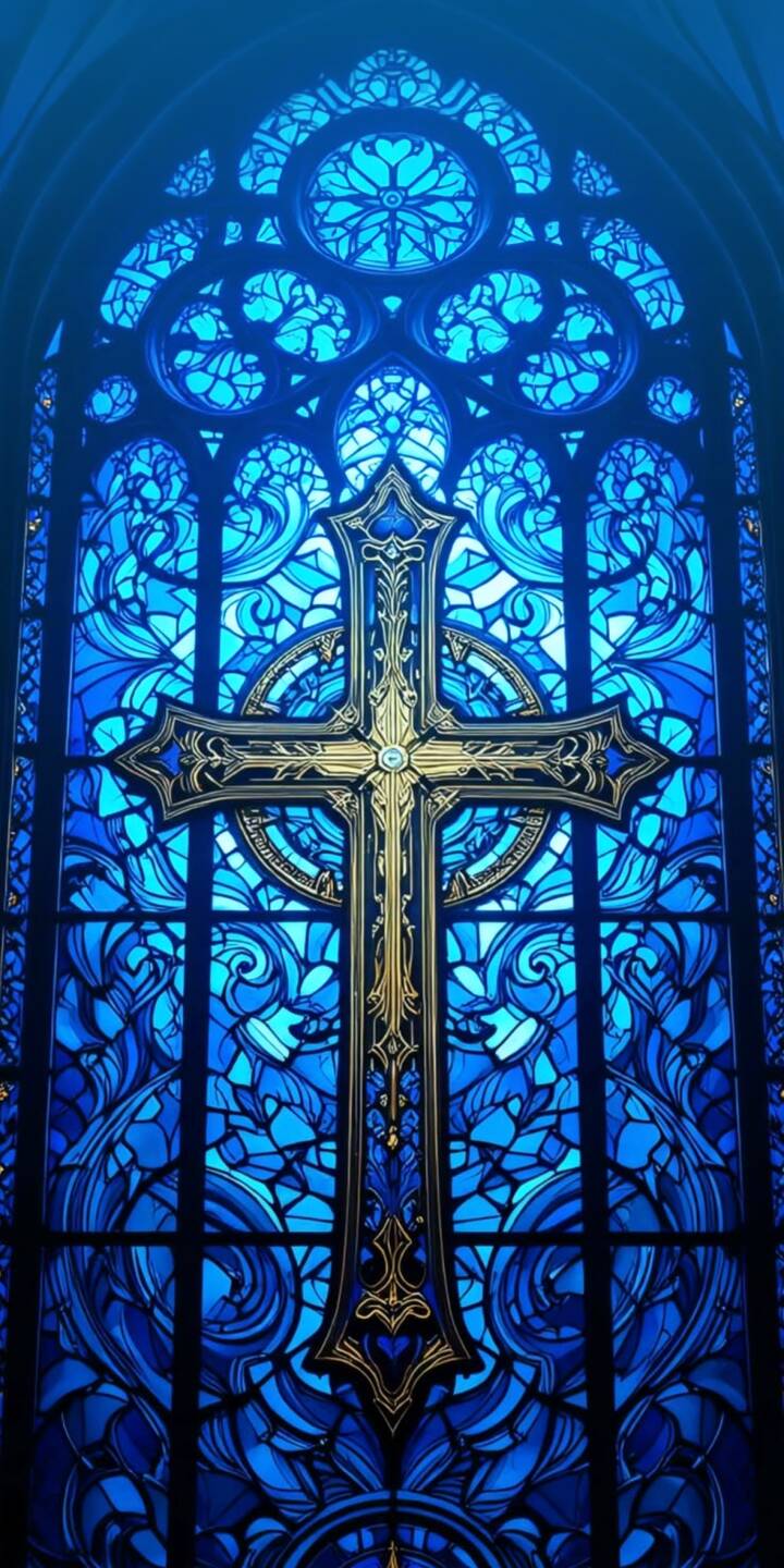 The intricate golden cross gleams against a backdrop of deep blue, ornate stained glass patterns in this stunning 4K wallpaper. This majestic church window design is perfect as an aesthetic wallpaper for iPhone. | aesthetic blue cross religious church gothic iphone wallpaper mobile 4k wallpaper hd wallpaper stained glass The intricate golden cross gleams against a backdrop of deep blue, ornate stained glass patterns in this stunning 4K wallpaper. This majestic church window design is perfect as an aesthetic wallpaper for iPhone.